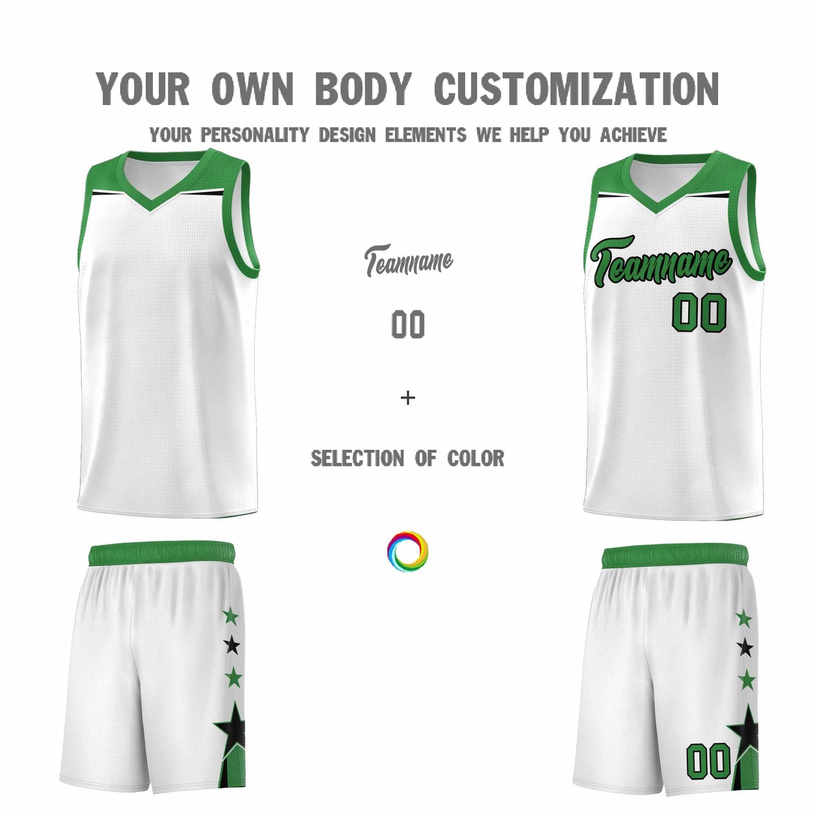 Custom Youth Basketball Uniform White Kelly Green Two Tone Side Star Color Block Team Jersey