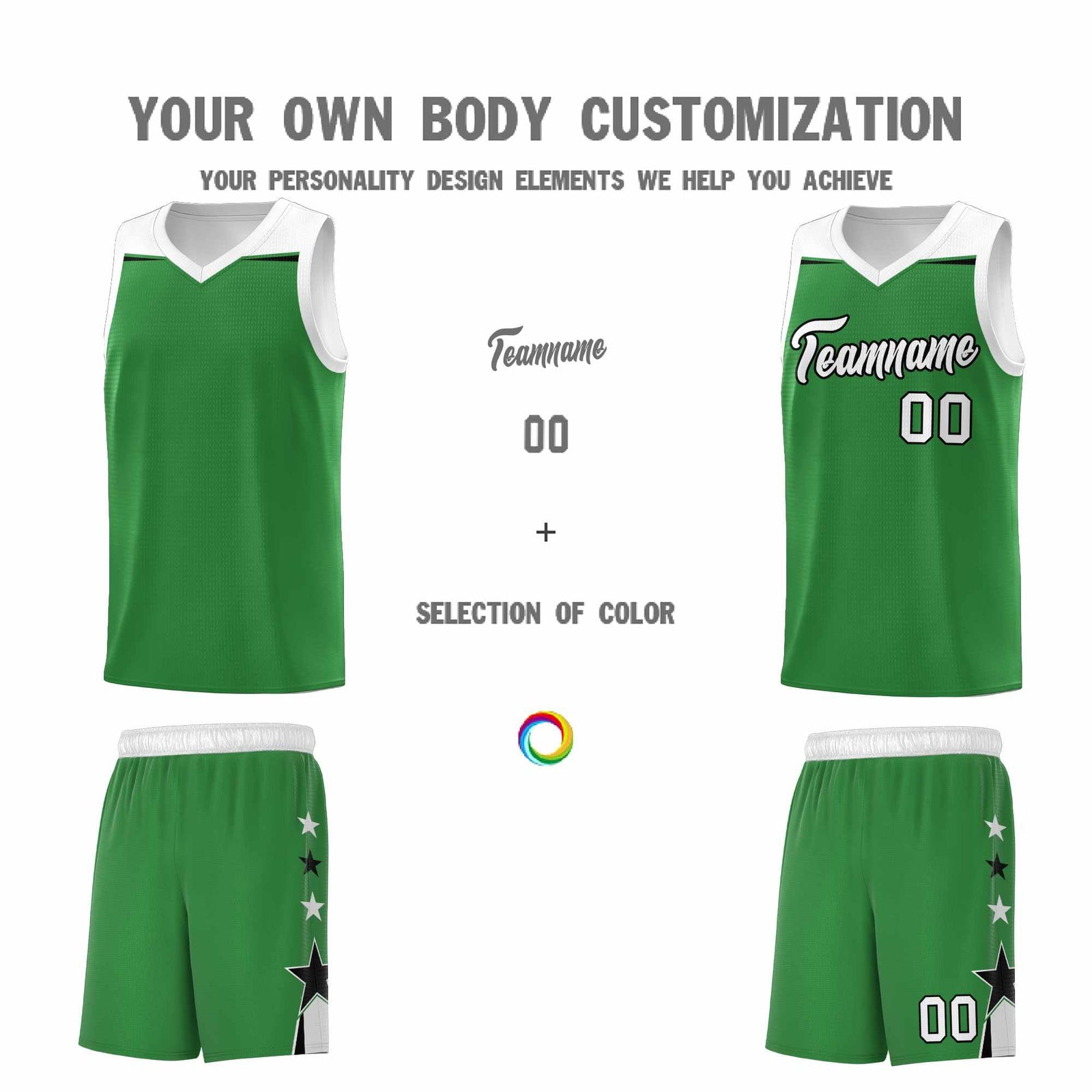 Custom Youth Basketball Uniform Kelly Green White Two Tone Side Star Add Name Number & Logo