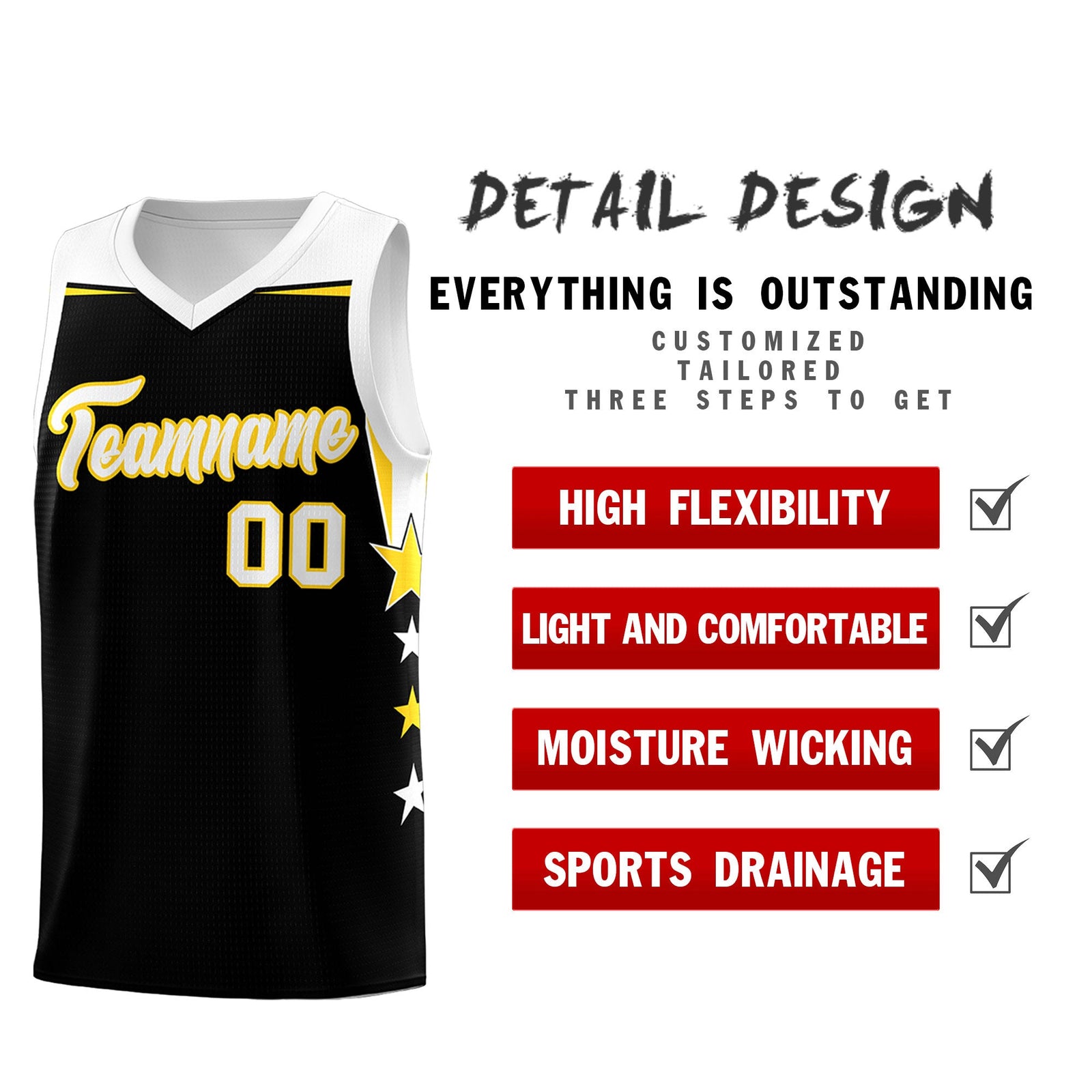 Custom Youth Basketball Uniform Black White Two Tone Side Star Add Name Number & Logo