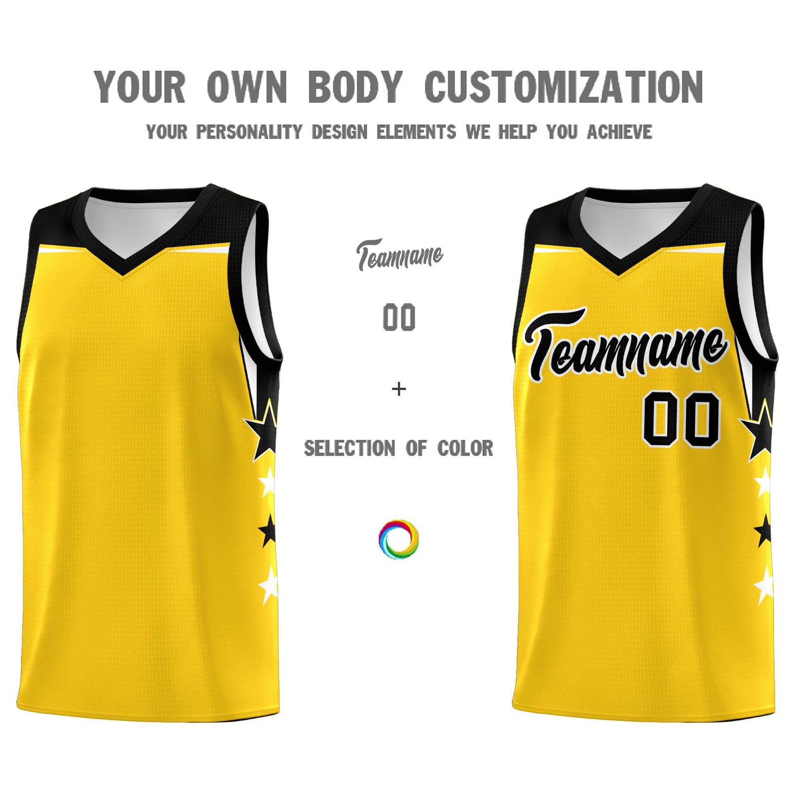 Custom Youth Basketball Uniform Gold Black Two Tone Side Star Personalized Team Jersey