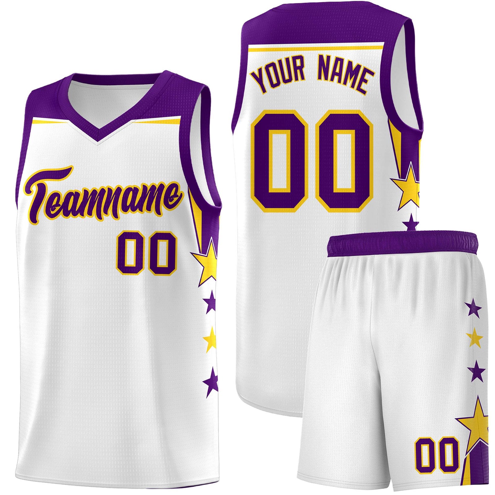 Custom Youth Basketball Uniform White Purple Two Tone Side Star Color Block Team Jersey