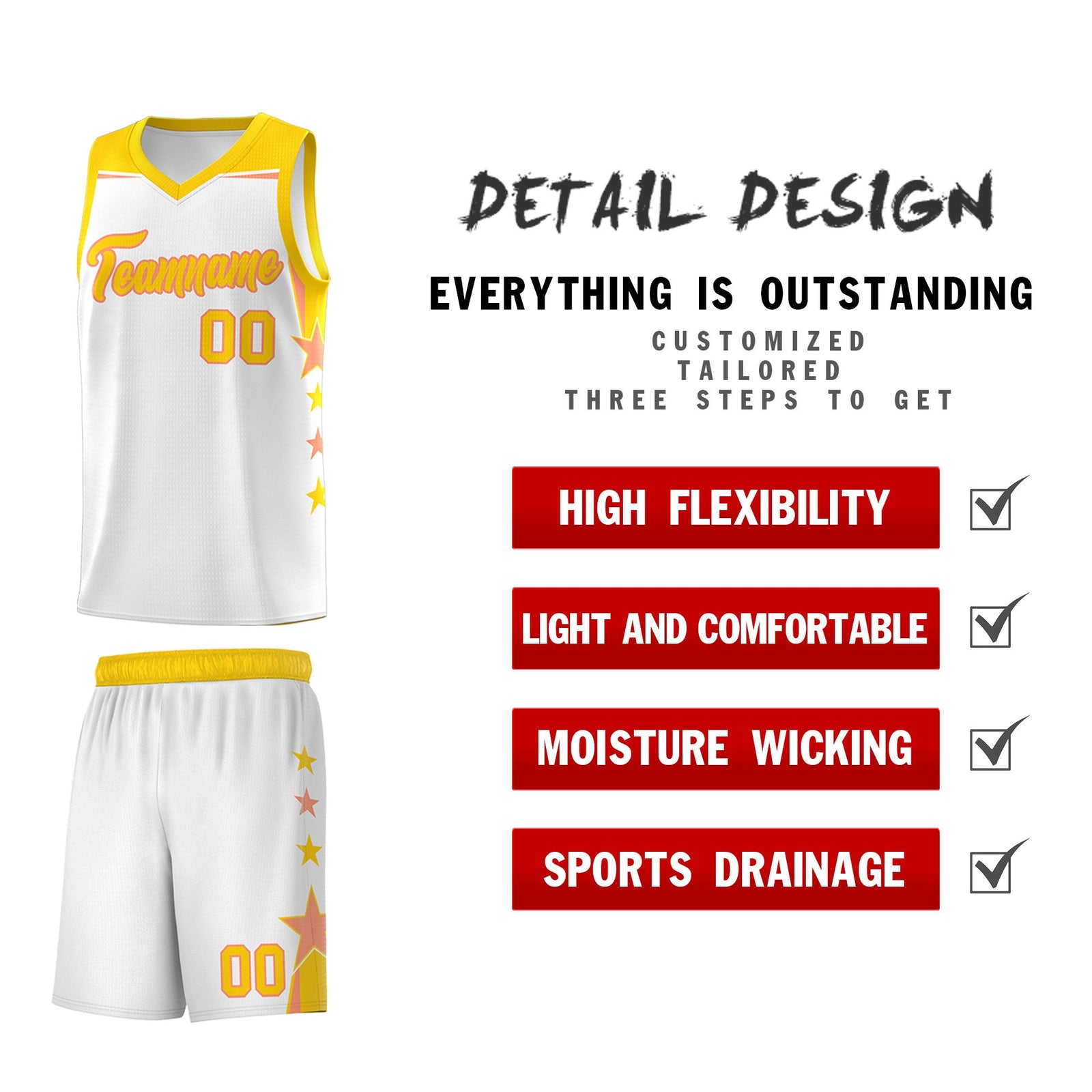 Custom Youth Basketball Uniform White Gold Two Tone Side Star Add Name Number & Logo