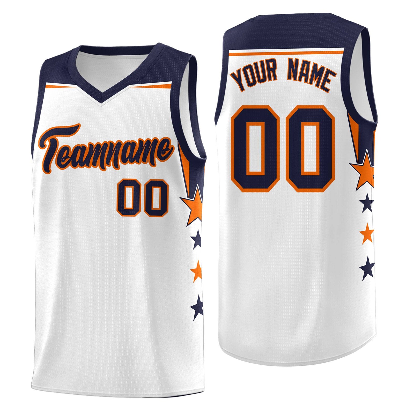 Custom Youth Basketball Uniform White Navy Two Tone Side Star Add Name Number & Logo