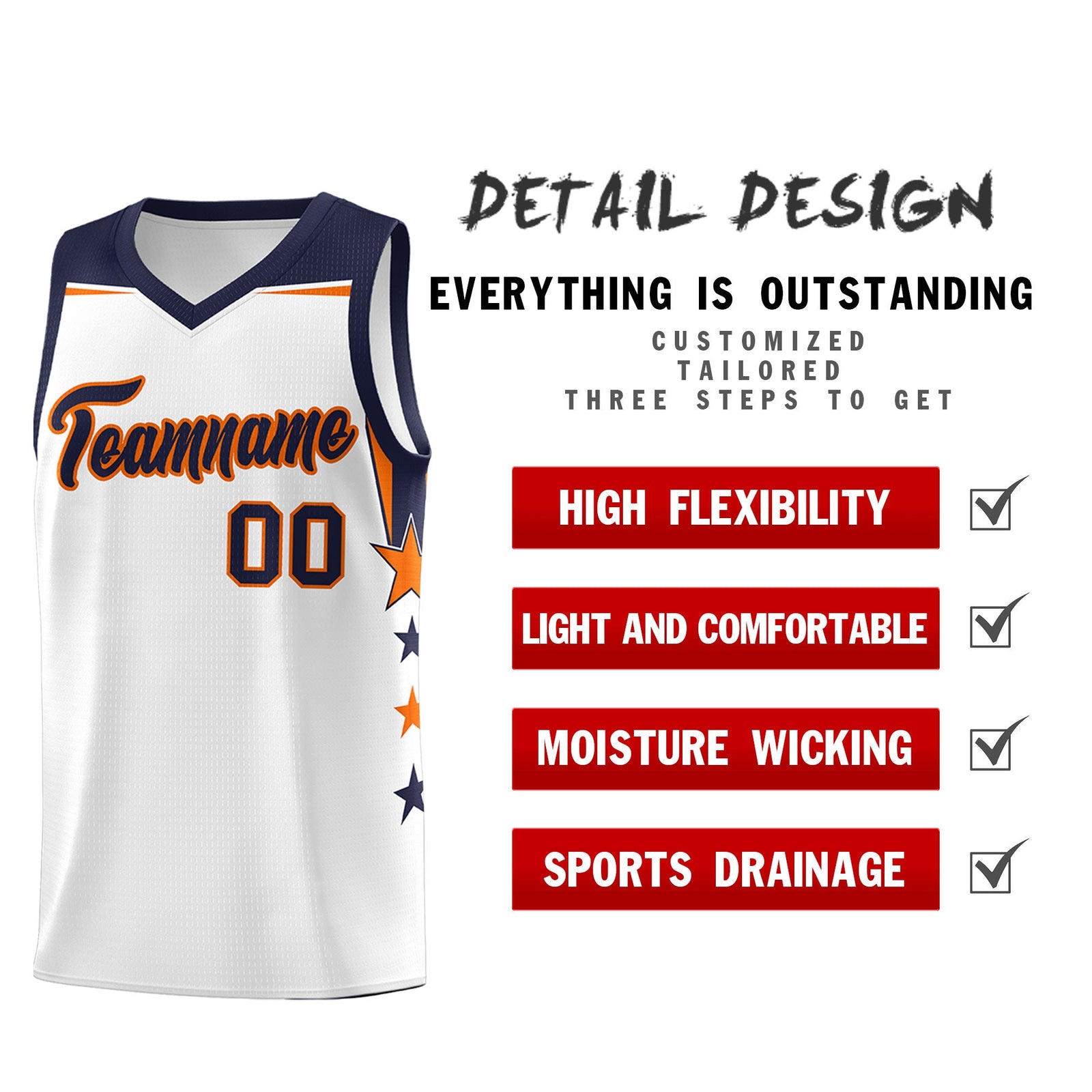 Custom Youth Basketball Uniform White Navy Two Tone Side Star Add Name Number & Logo