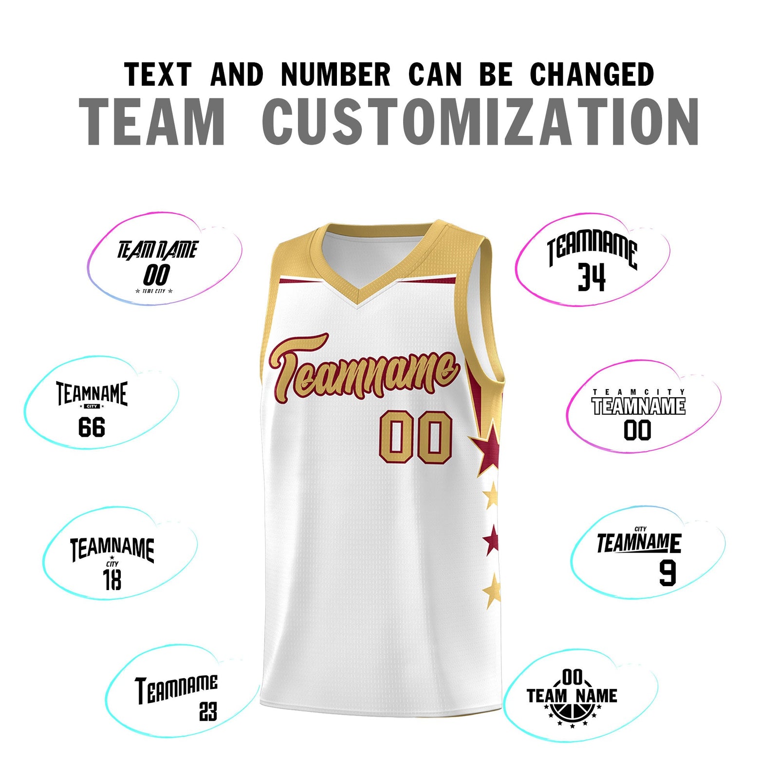 Custom Youth Basketball Uniform White Old Gold Two Tone Side Star Add Name Number & Logo