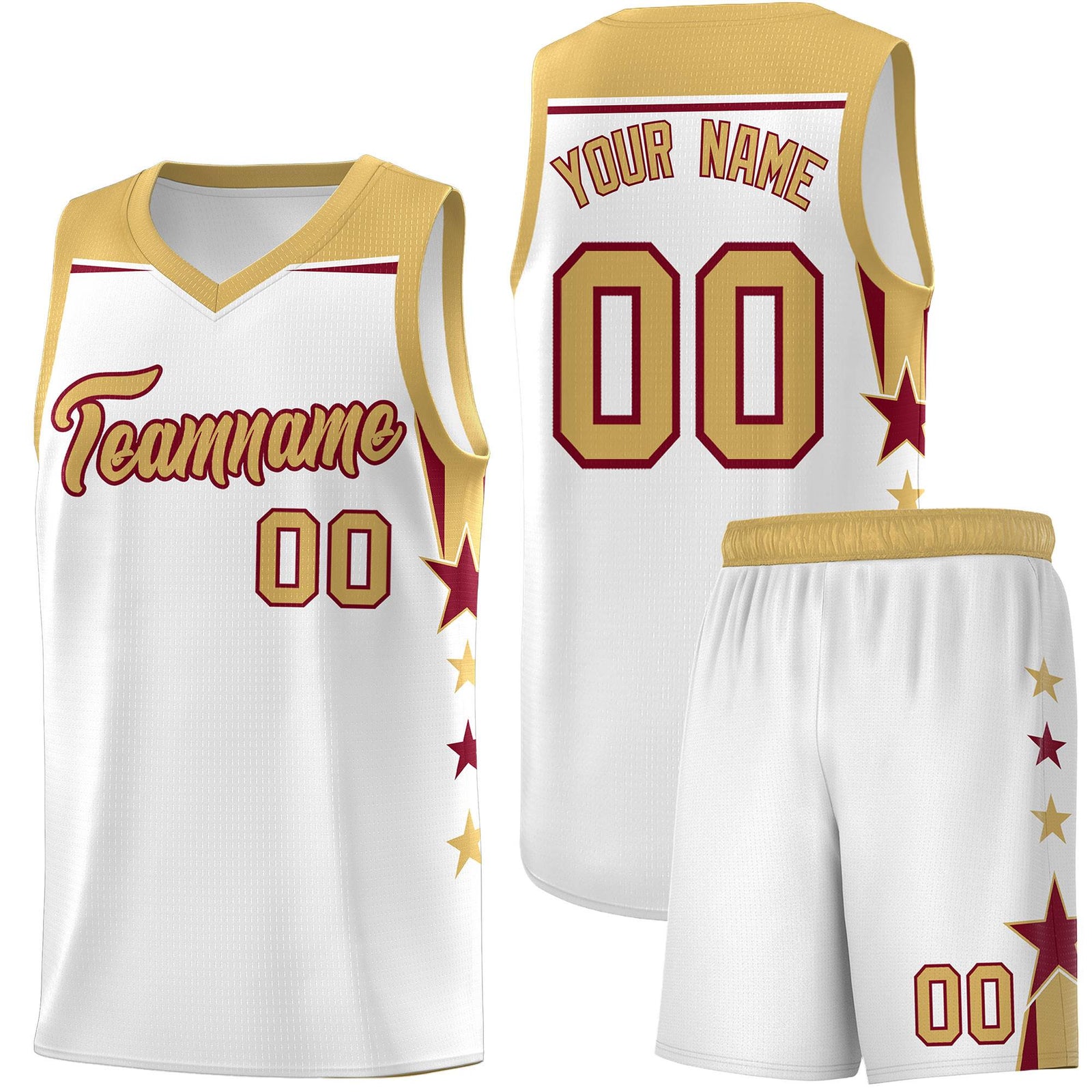 Custom Youth Basketball Uniform White Old Gold Two Tone Side Star Add Name Number & Logo