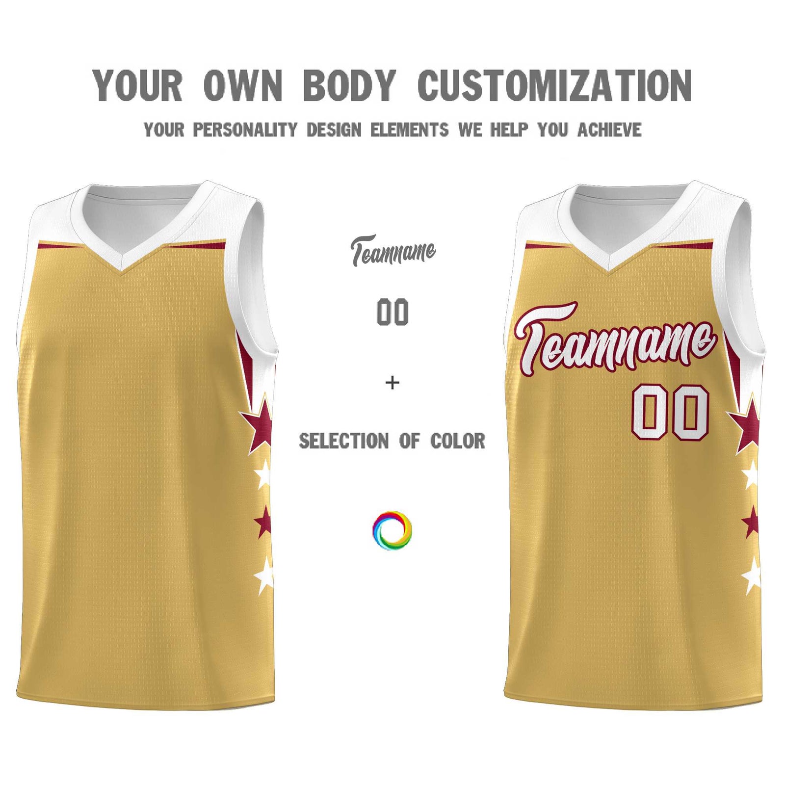 Custom Youth Basketball Uniform Old Gold White Two Tone Side Star Personalized Team Jersey