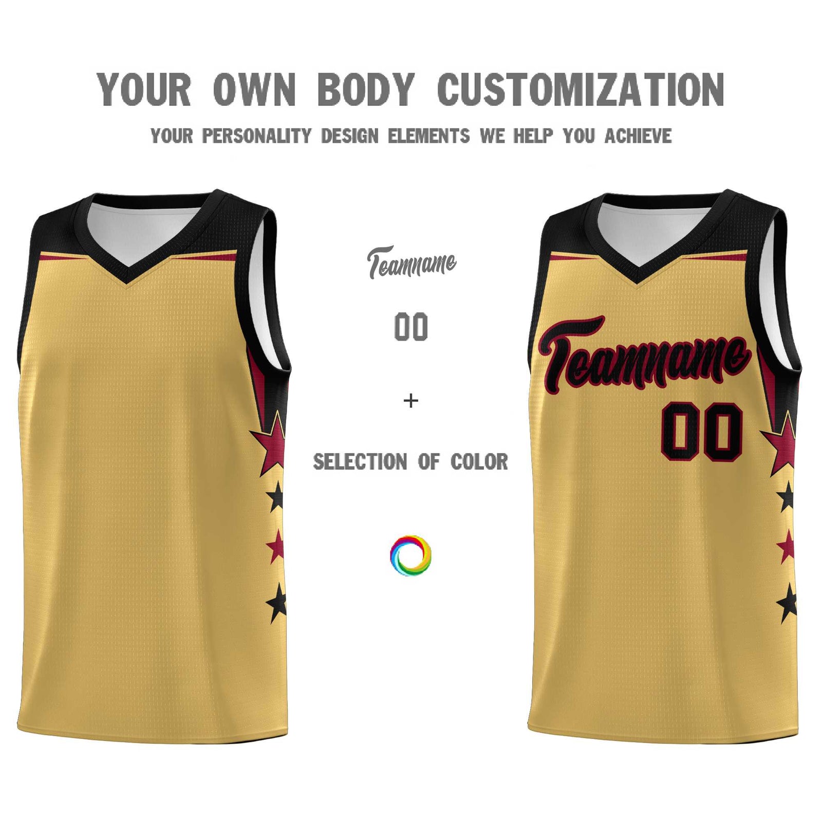 Custom Youth Basketball Uniform Old Gold Black Two Tone Side Star Personalized Team Jersey