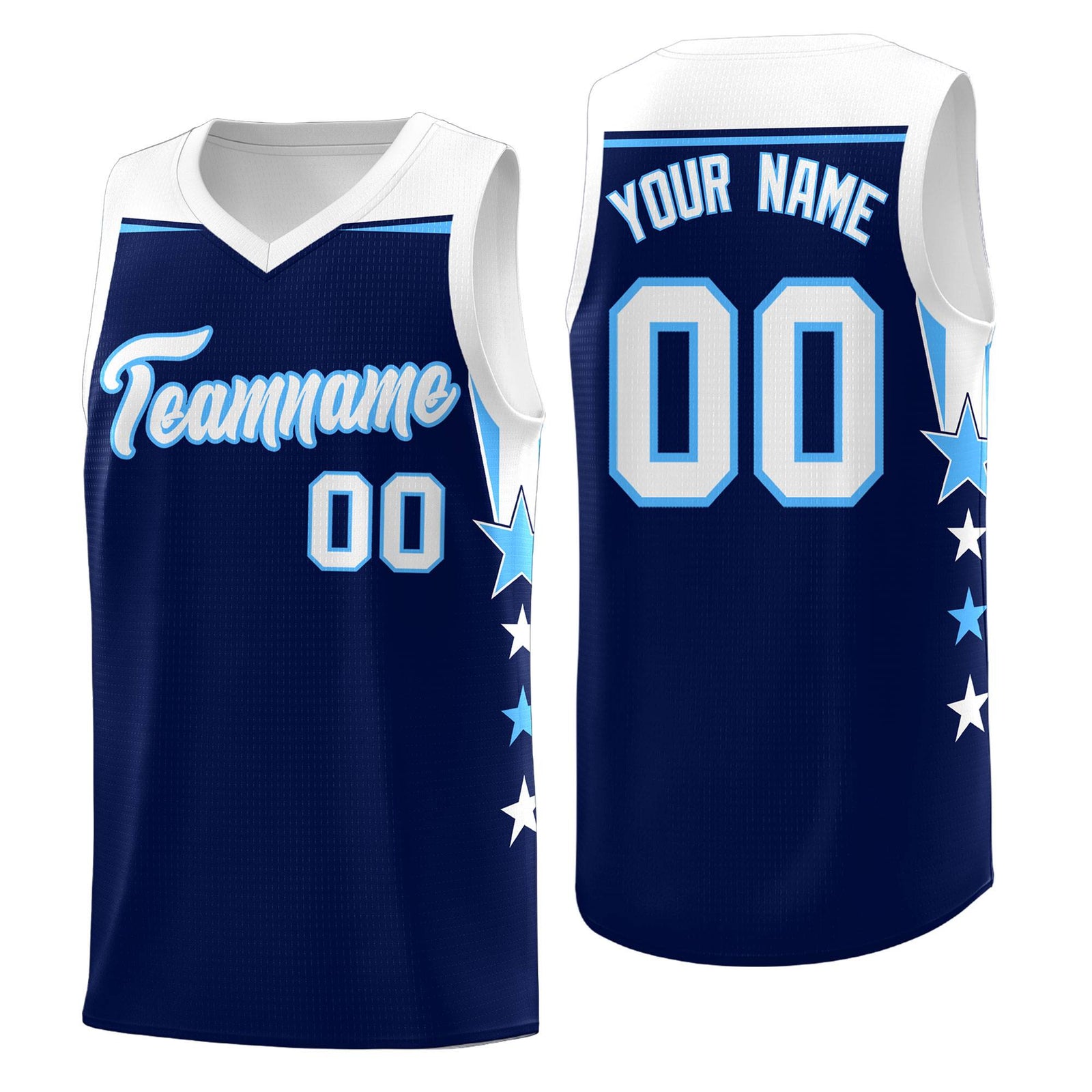 Custom Youth Basketball Uniform Navy White Two Tone Side Star Personalized Team Jersey