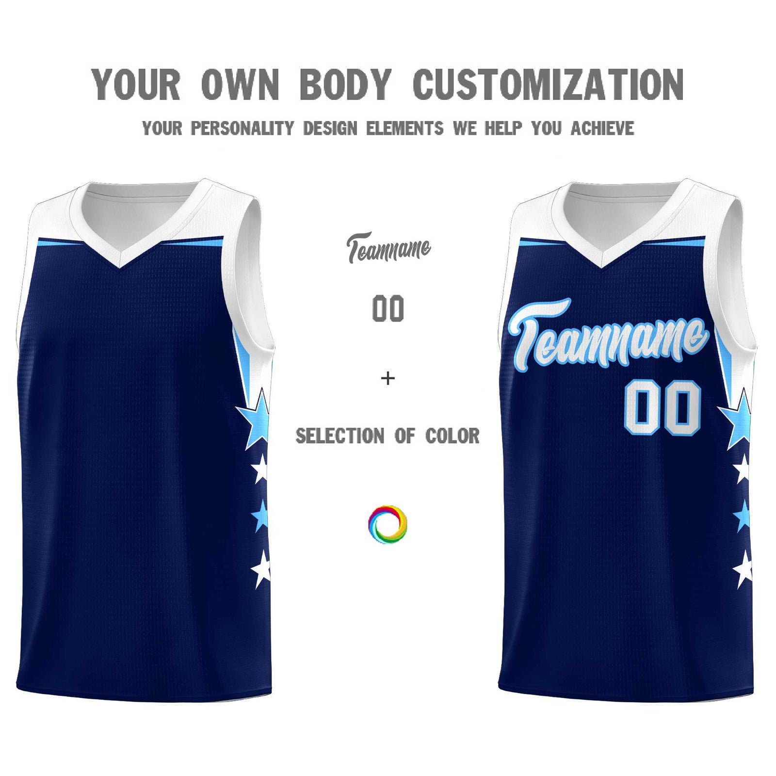 Custom Youth Basketball Uniform Navy White Two Tone Side Star Personalized Team Jersey