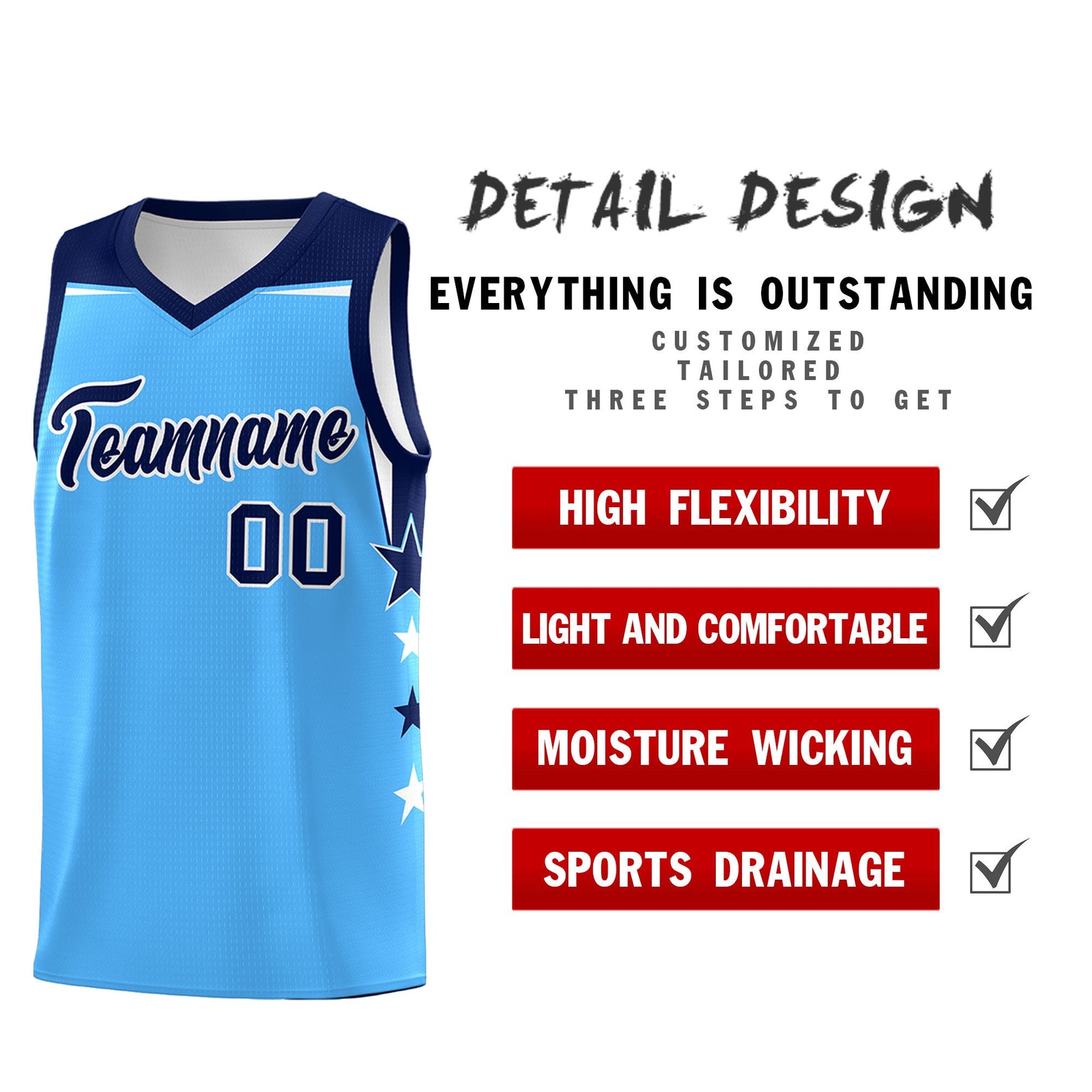 Custom Youth Basketball Uniform Powder Blue Navy Two Tone Side Star Color Block Team Jersey