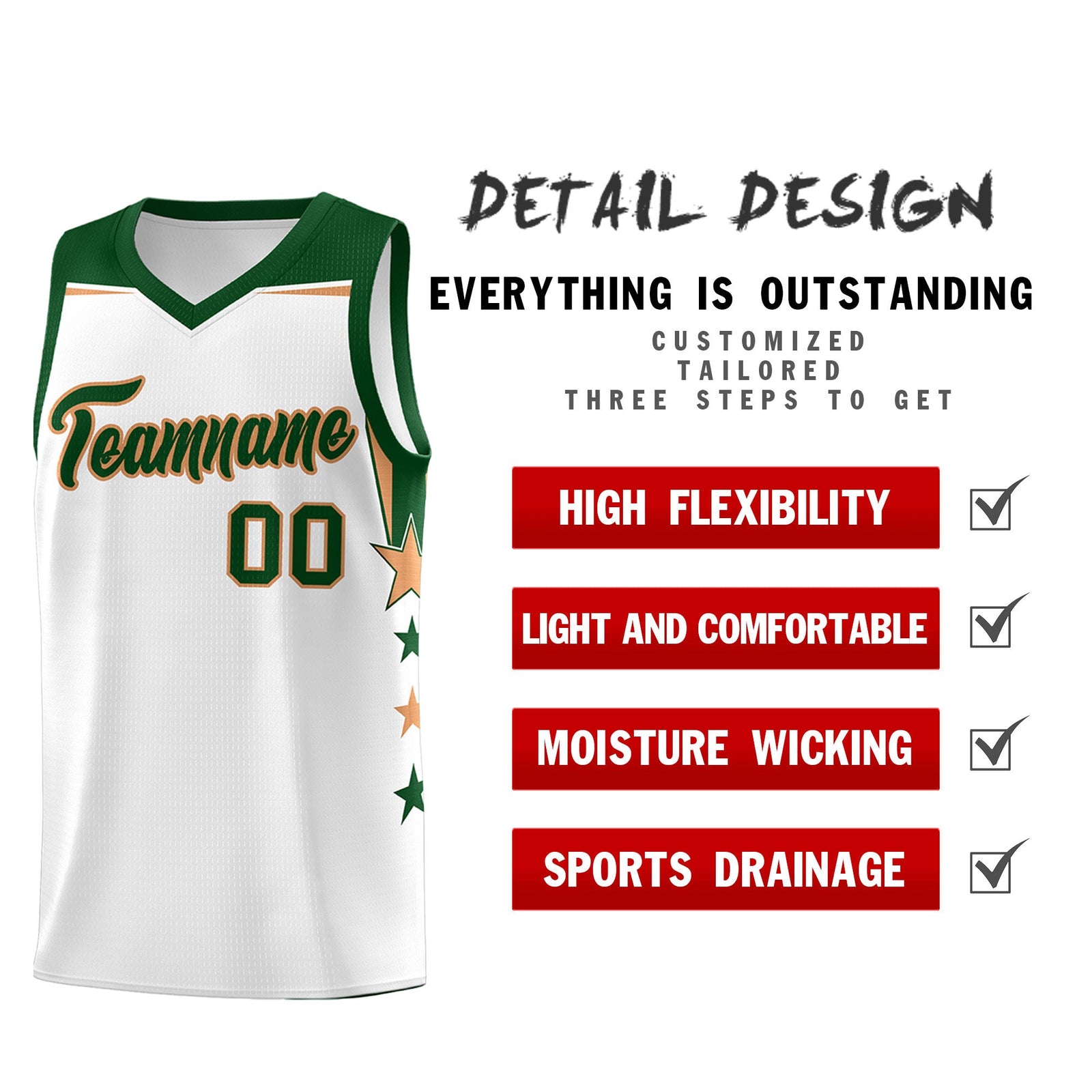 Custom Youth Basketball Uniform White Green Two Tone Side Star Add Name Number & Logo