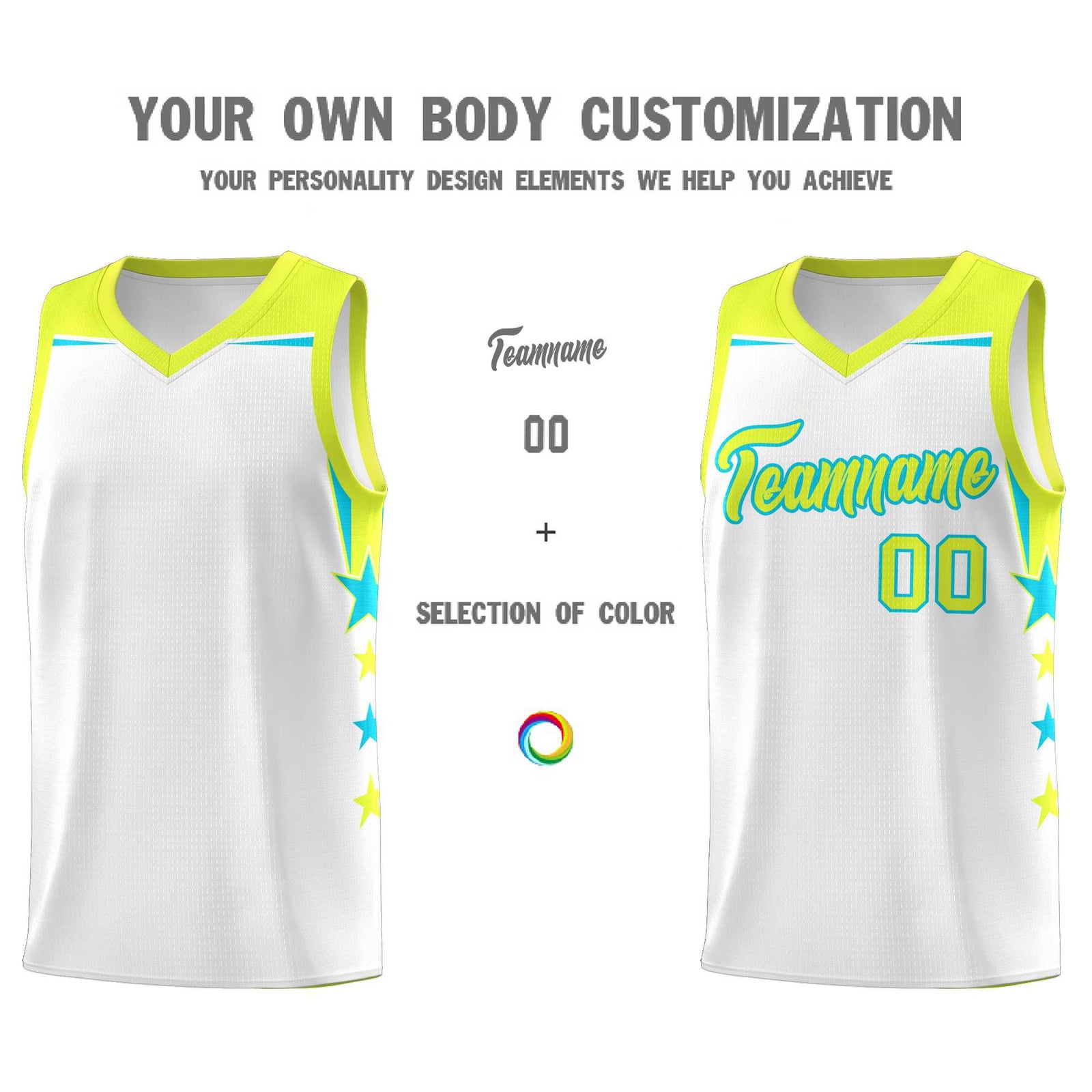 Custom Youth Basketball Uniform White Fluorescent Green Two Tone Side Star Add Name Number & Logo