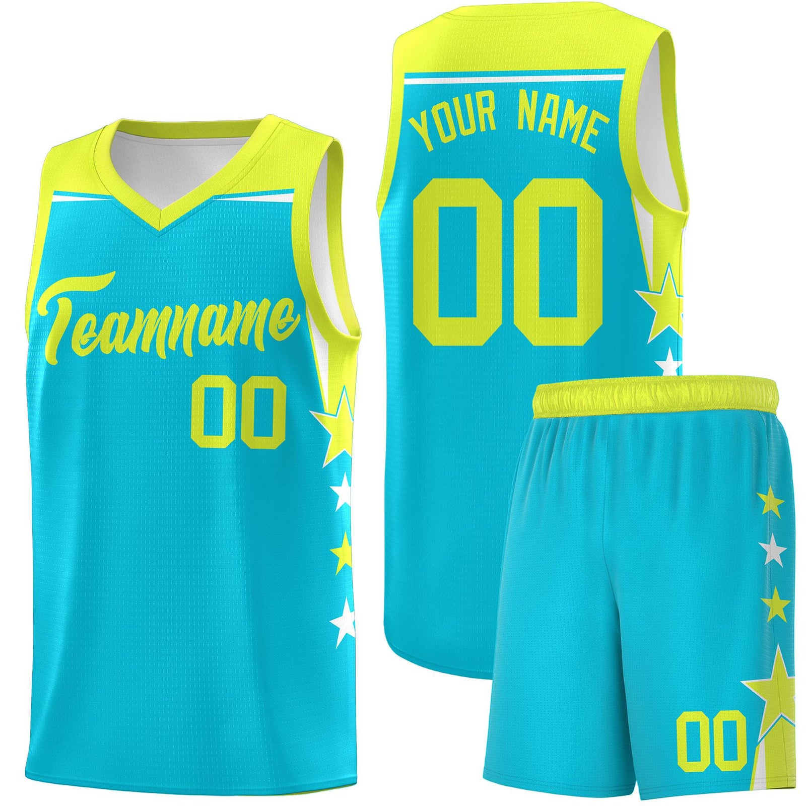 Custom Youth Basketball Uniform Sky Blue Fluorescent Green Two Tone Side Star Color Block Team Jersey