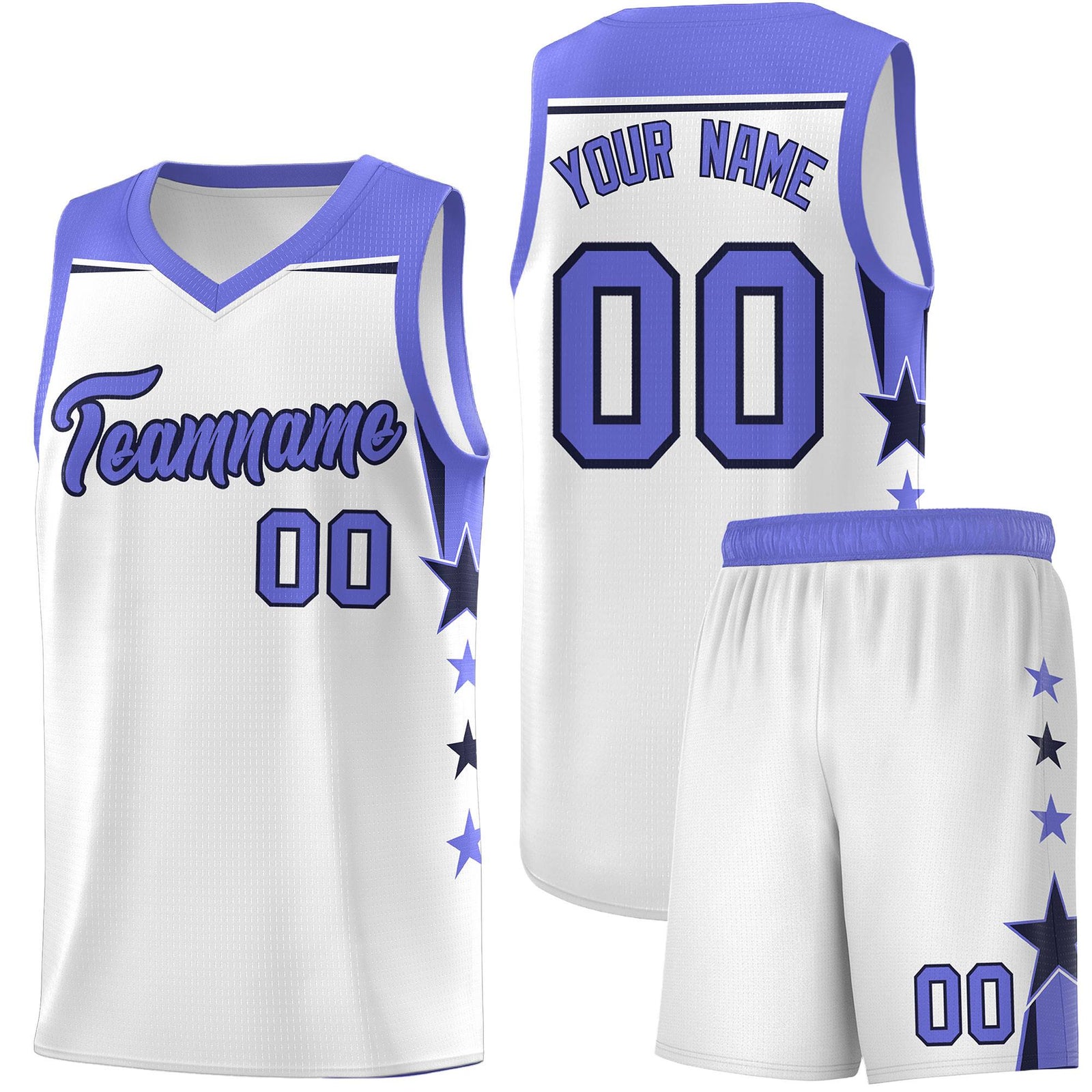 Custom Youth Basketball Uniform White Purple Two Tone Side Star Add Name Number & Logo