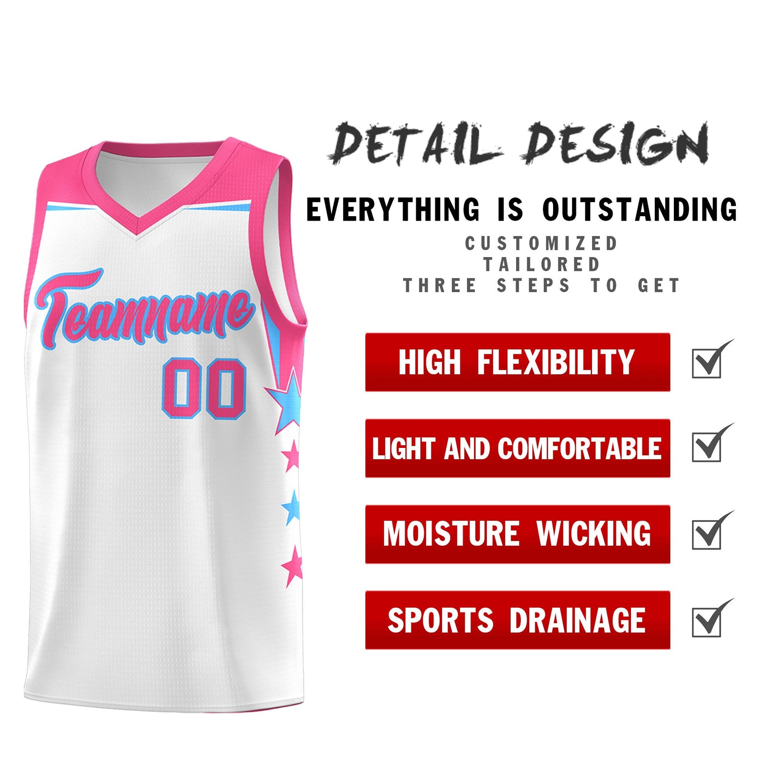Custom Youth Basketball Uniform White Pink Two Tone Side Star Add Name Number & Logo