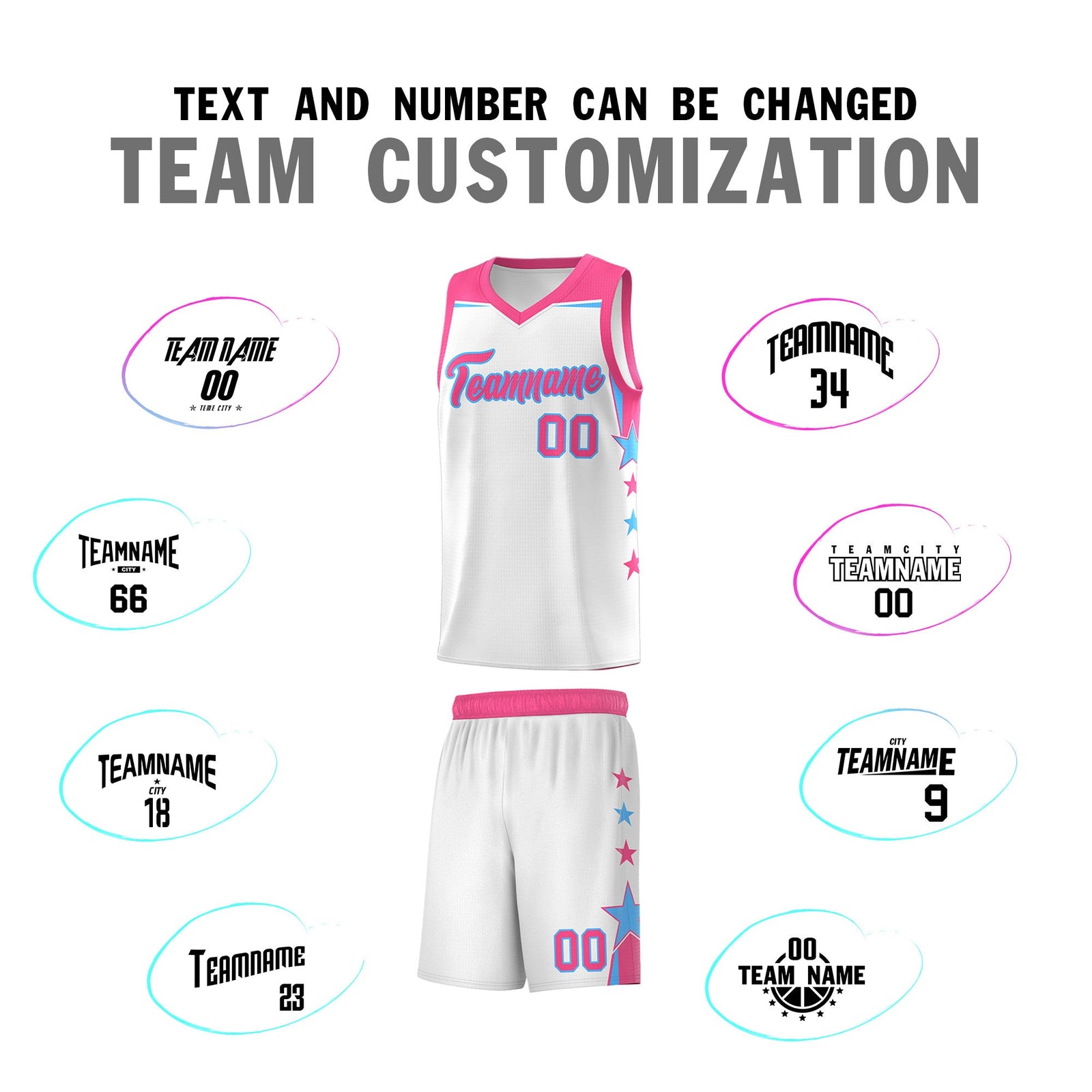 Custom Youth Basketball Uniform White Pink Two Tone Side Star Add Name Number & Logo