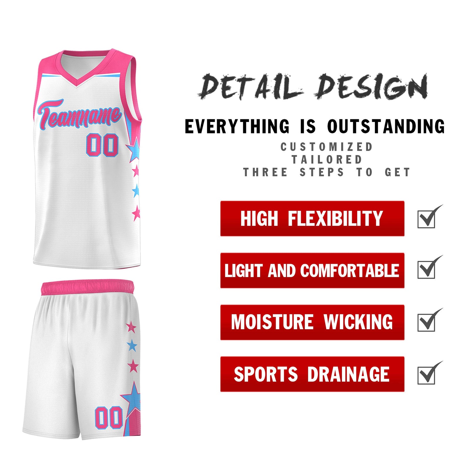Custom Youth Basketball Uniform White Pink Two Tone Side Star Add Name Number & Logo