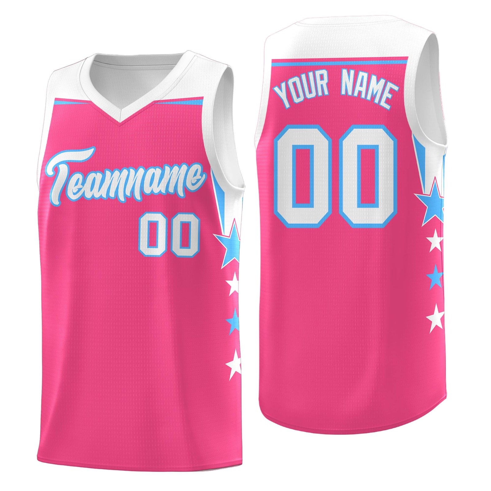 Custom Youth Basketball Uniform Pink White Two Tone Side Star Personalized Team Jersey