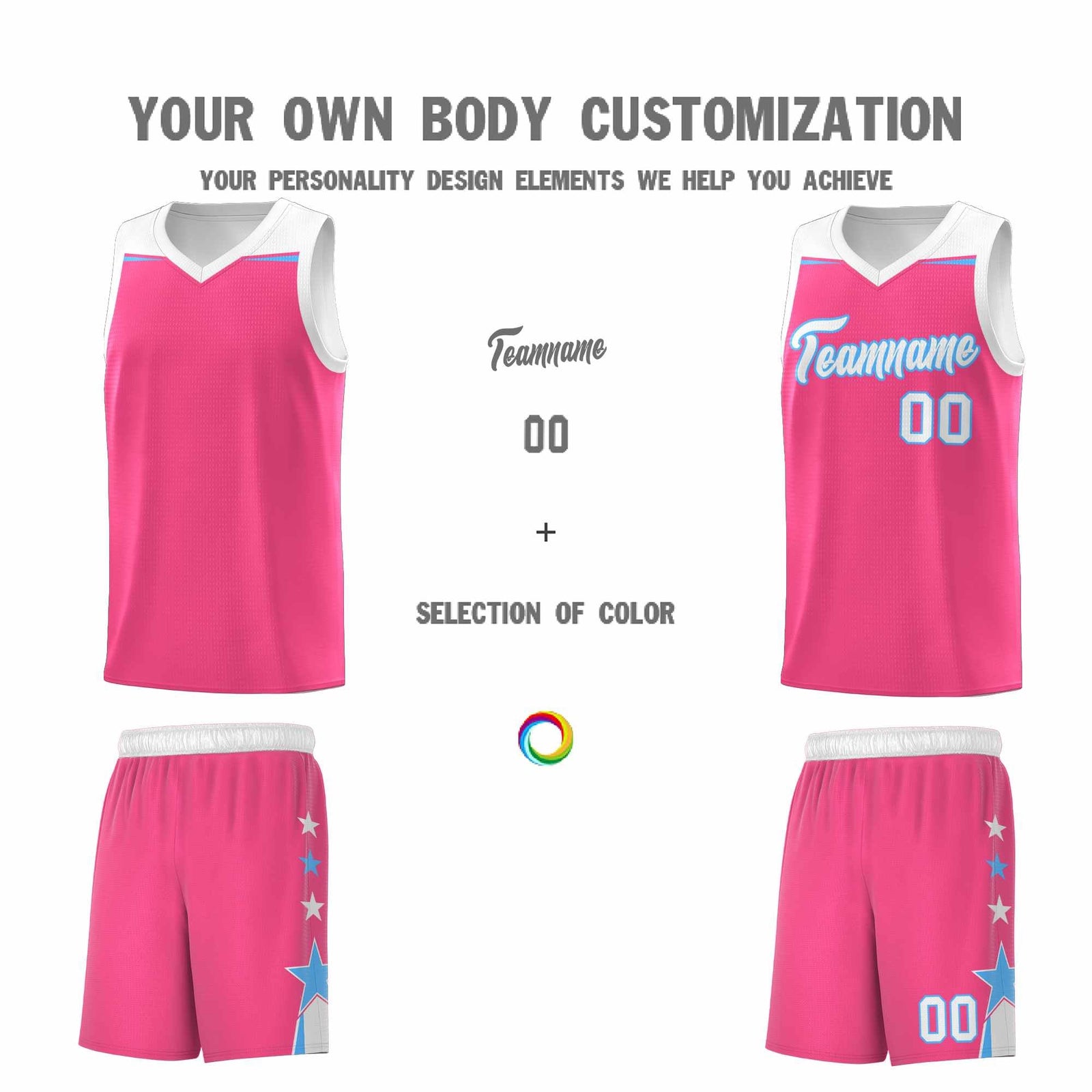 Custom Youth Basketball Uniform Pink White Two Tone Side Star Personalized Team Jersey