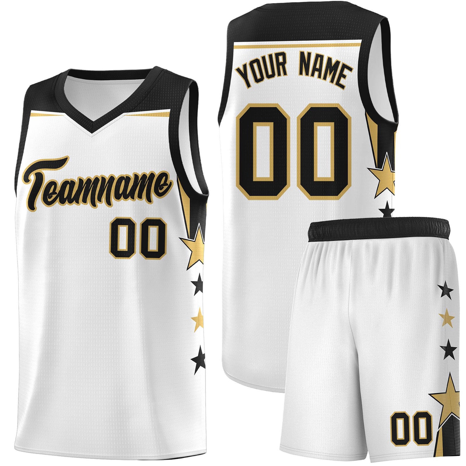 Custom Youth Basketball Uniform White Black Two Tone Side Star Add Name Number & Logo