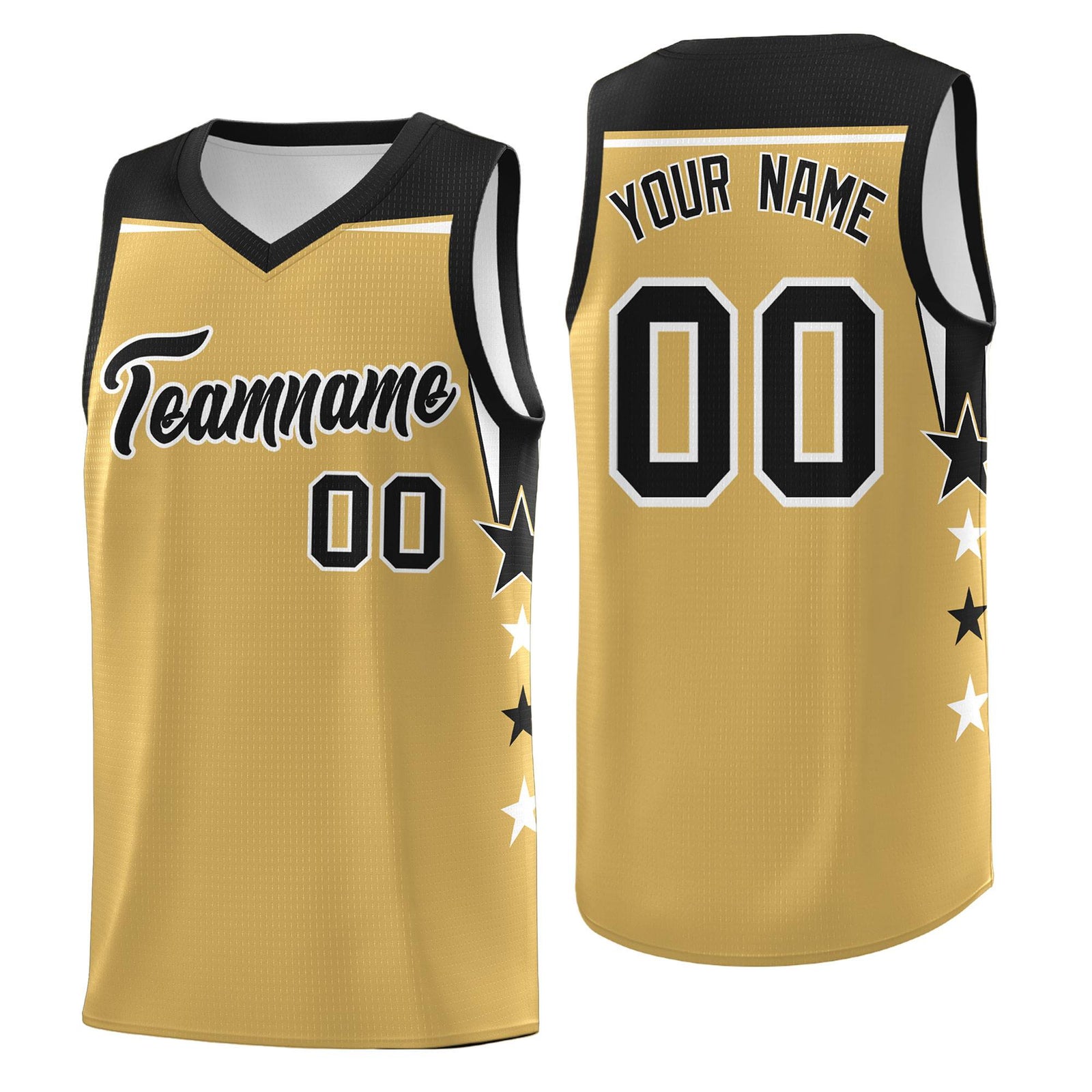 Custom Youth Basketball Uniform Old Gold Black Two Tone Side Star Color Block Team Jersey