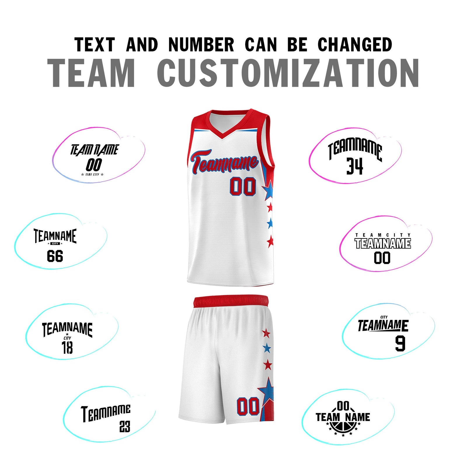 Custom Youth Basketball Uniform White Red Two Tone Side Star Add Name Number & Logo