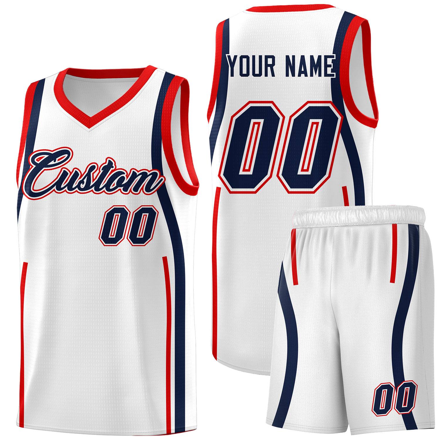 Custom White Navy-Red Ribbon Pattern Basketball Kits