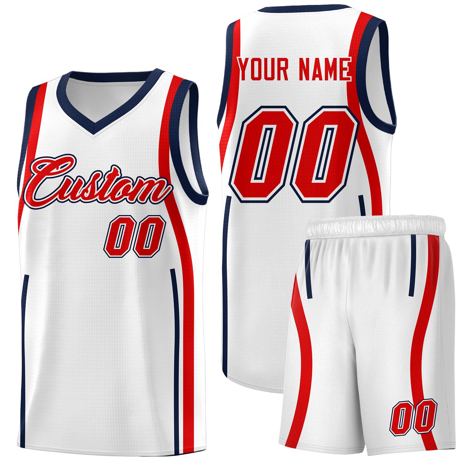 Custom White Navy-Red Ribbon Pattern Basketball Kits