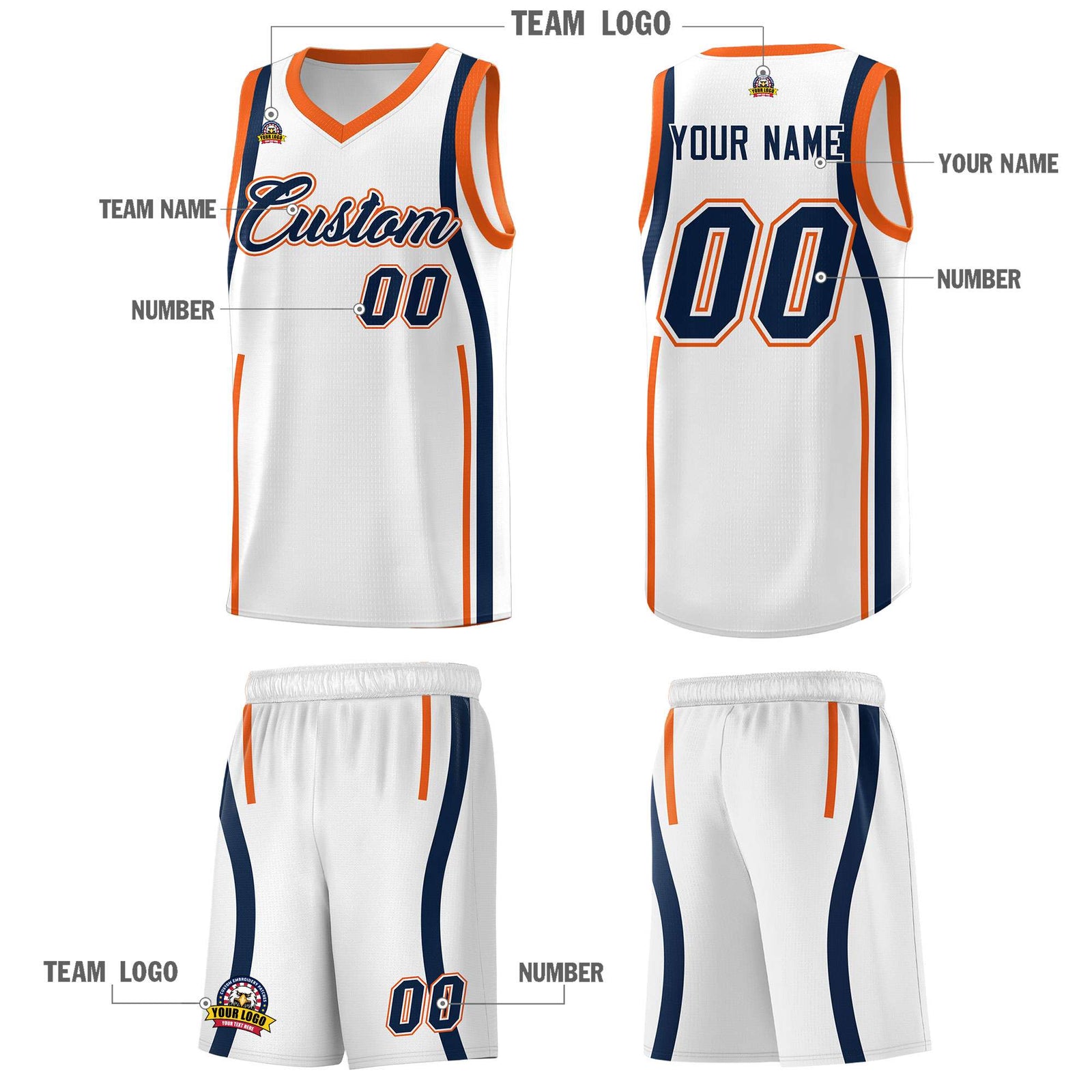 Custom White Navy-Orange Ribbon Pattern Basketball Kits