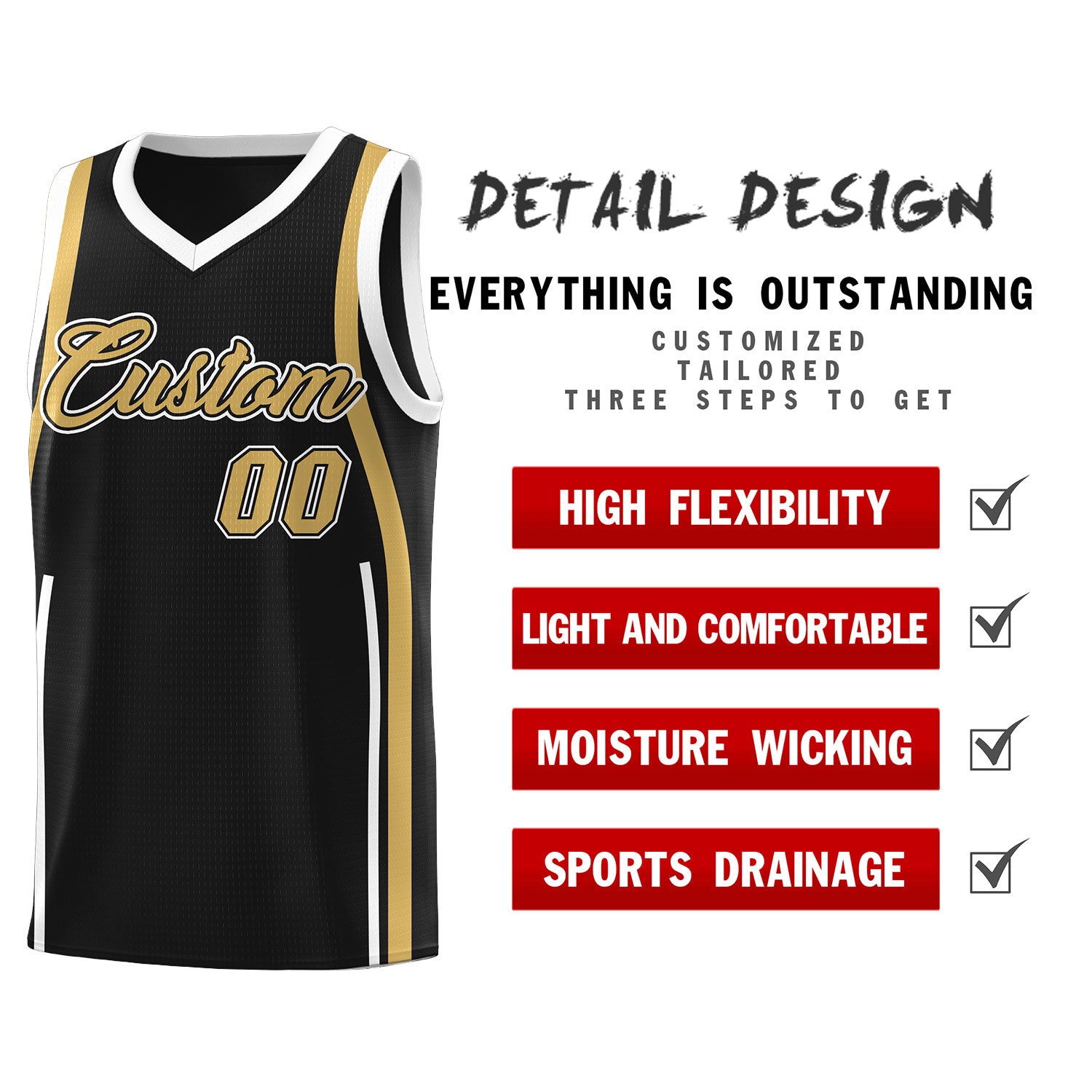 Custom Black Old Gold-White Ribbon Pattern Basketball Kits