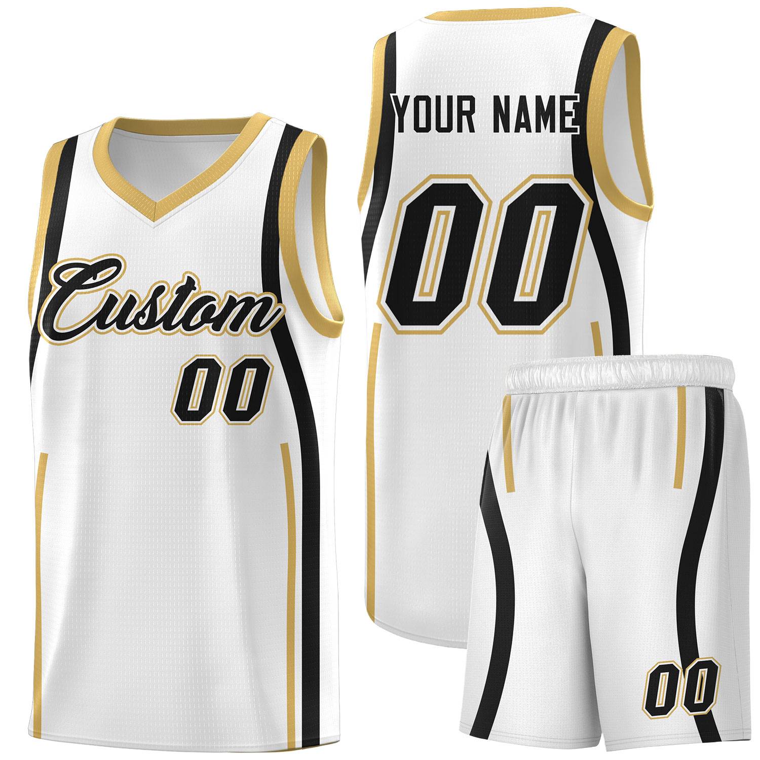 Custom White Black-White Ribbon Pattern Basketball Kits