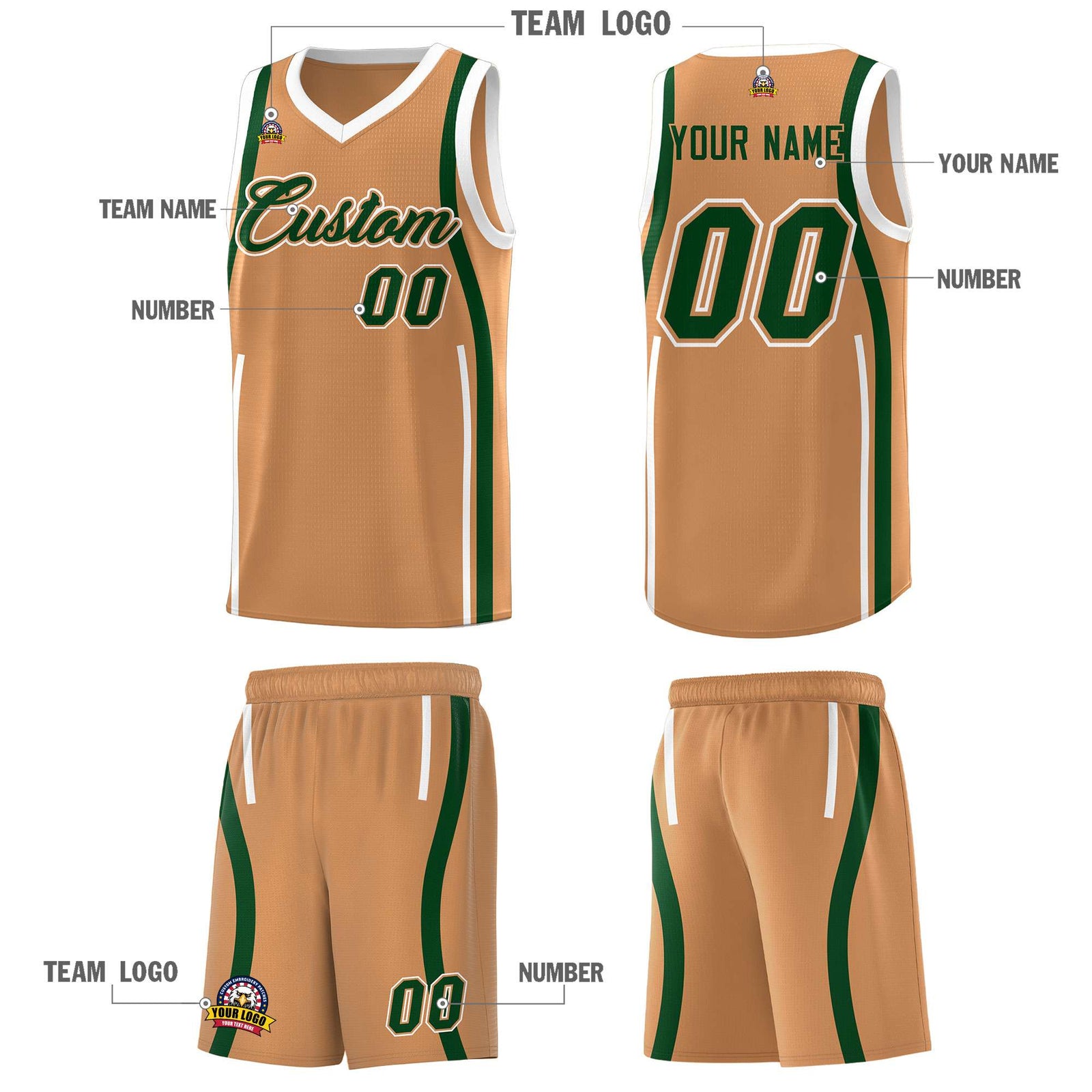 Custom Buckskin Brown Green-White Ribbon Pattern Basketball Kits