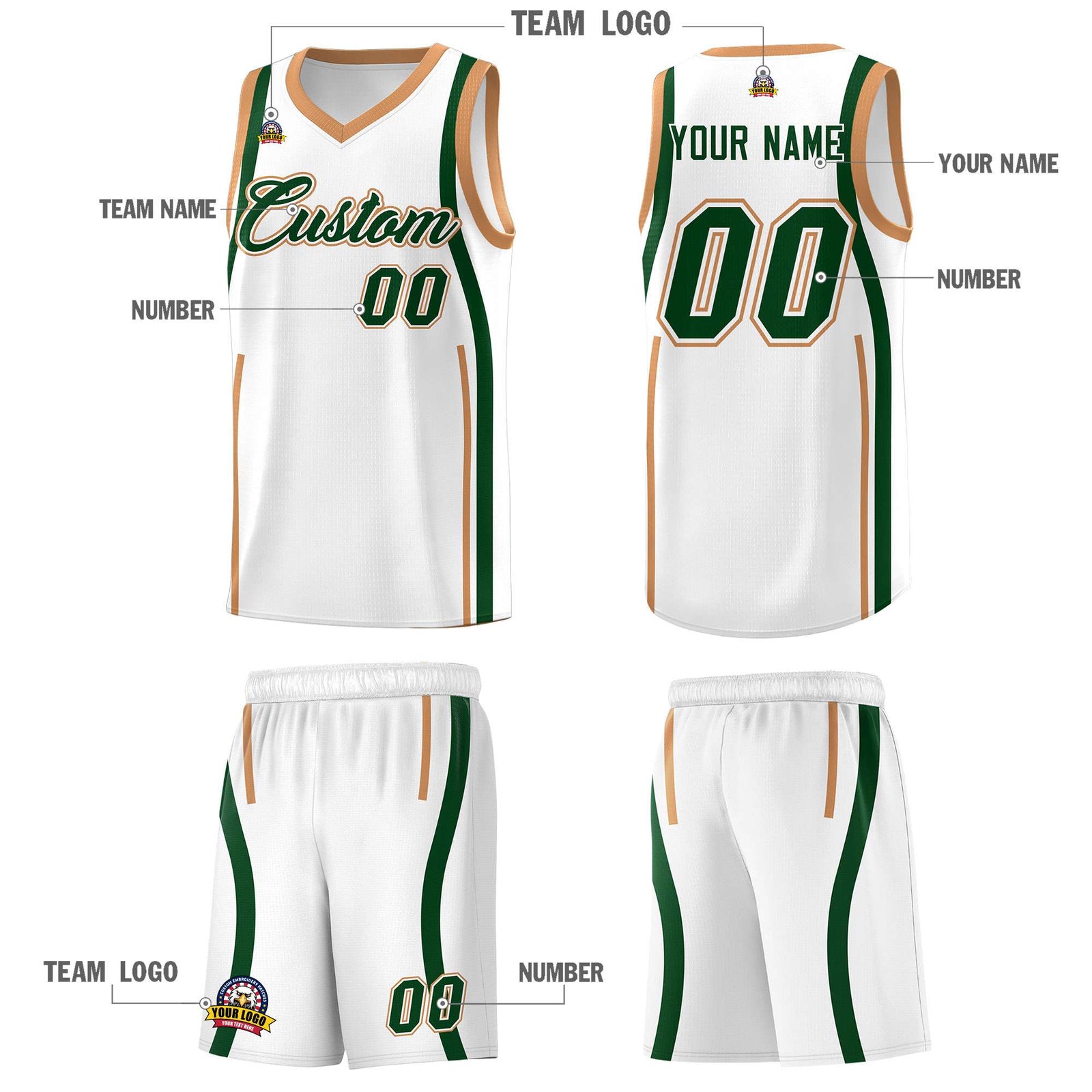 Custom White Green-Buckskin Brown Ribbon Pattern Basketball Kits
