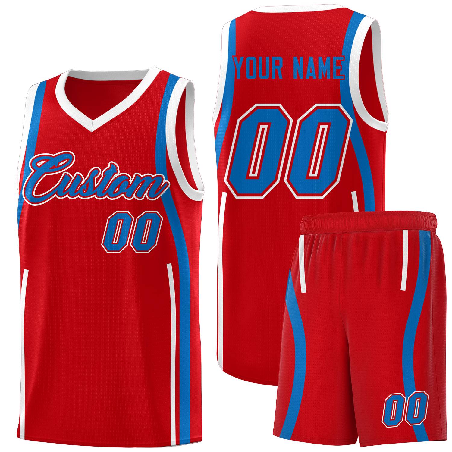 Custom Red Royal-White Ribbon Pattern Basketball Kits