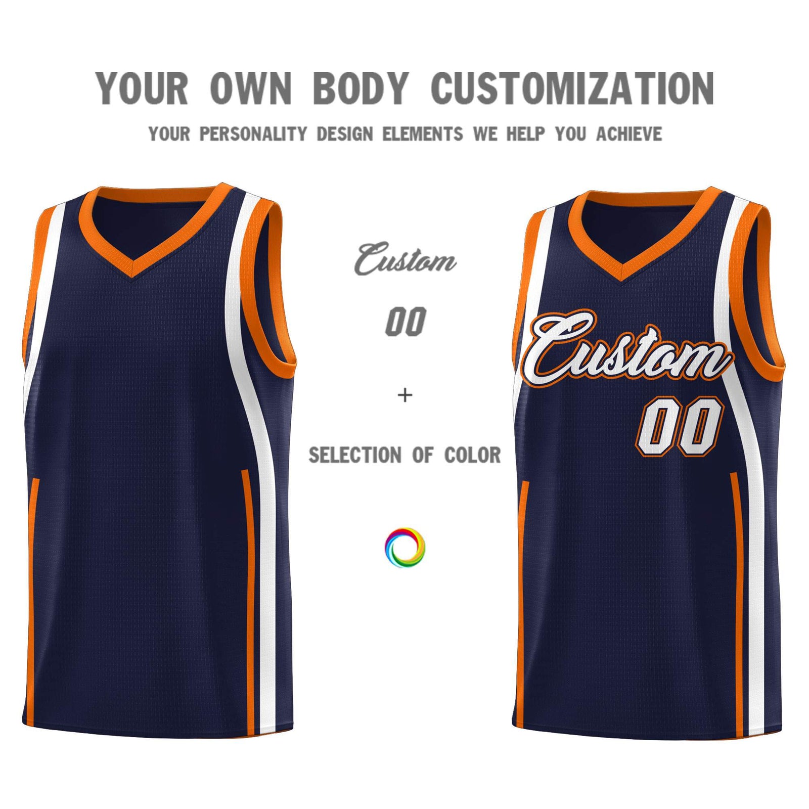 Custom Navy Orange-White Ribbon Pattern Basketball Kits