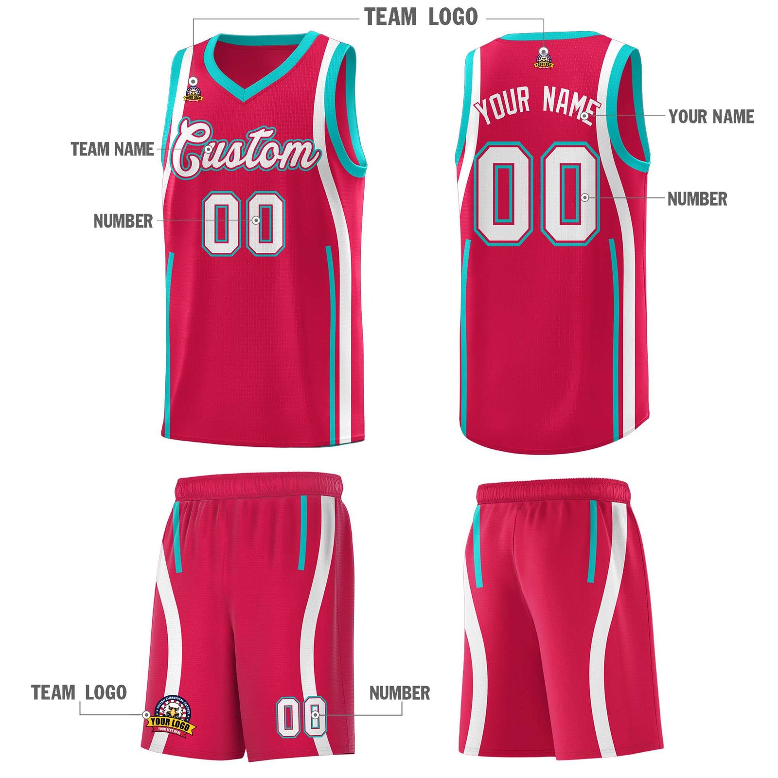 Custom Red Aqua AND White Basketball Jersey
