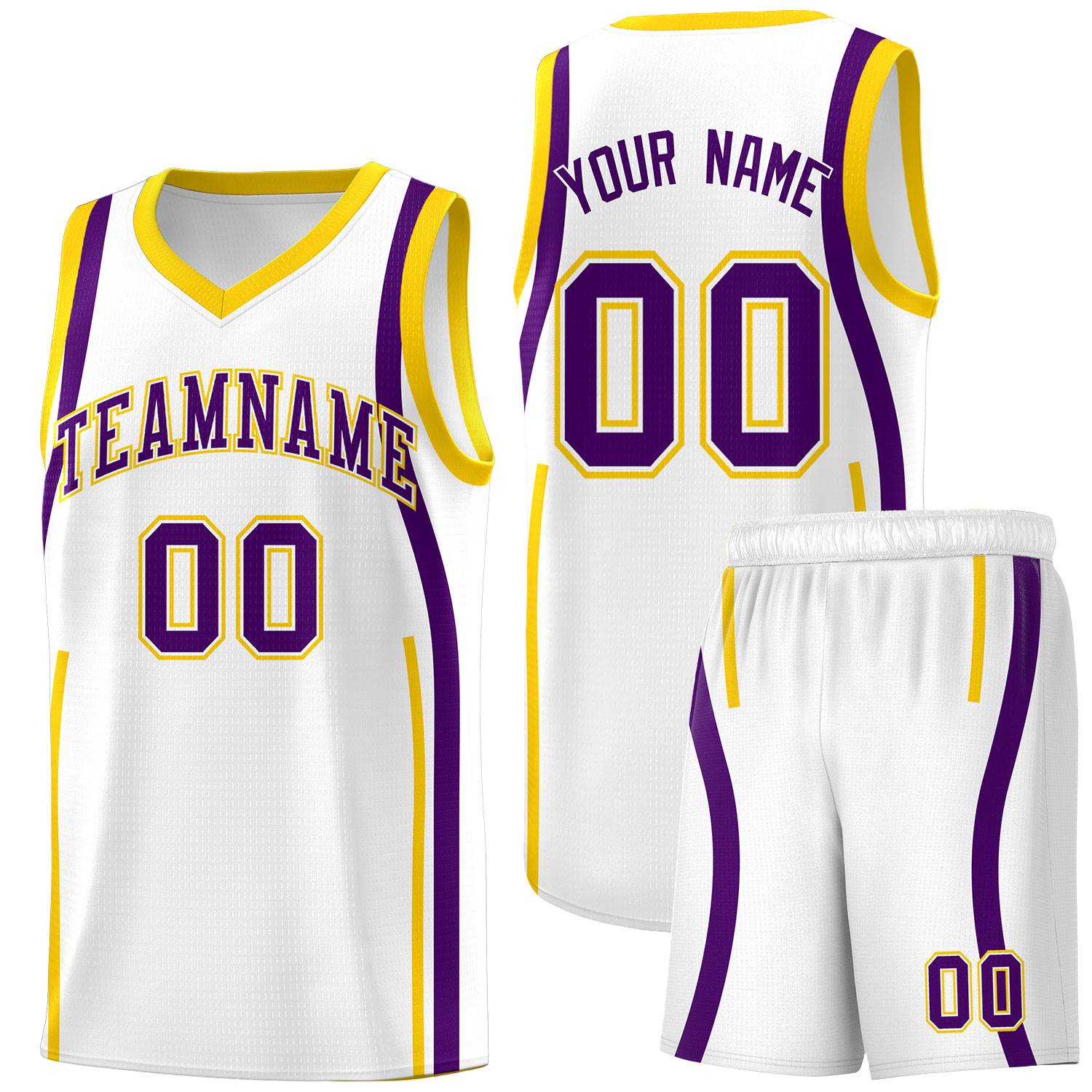 Custom White Purple-Gold Ribbon Pattern Basketball Kits