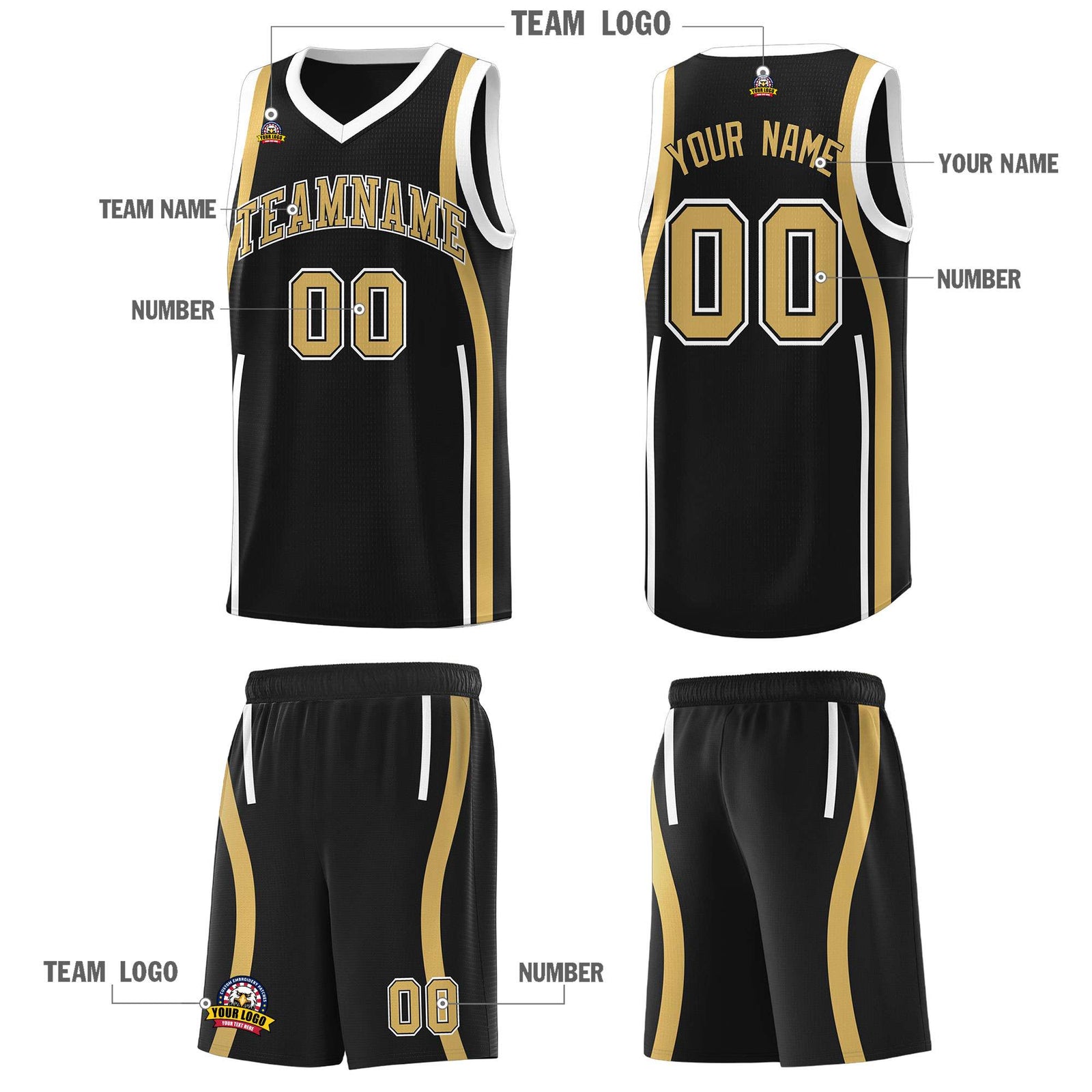 Custom Black Old Gold-White Ribbon Pattern Basketball Kits