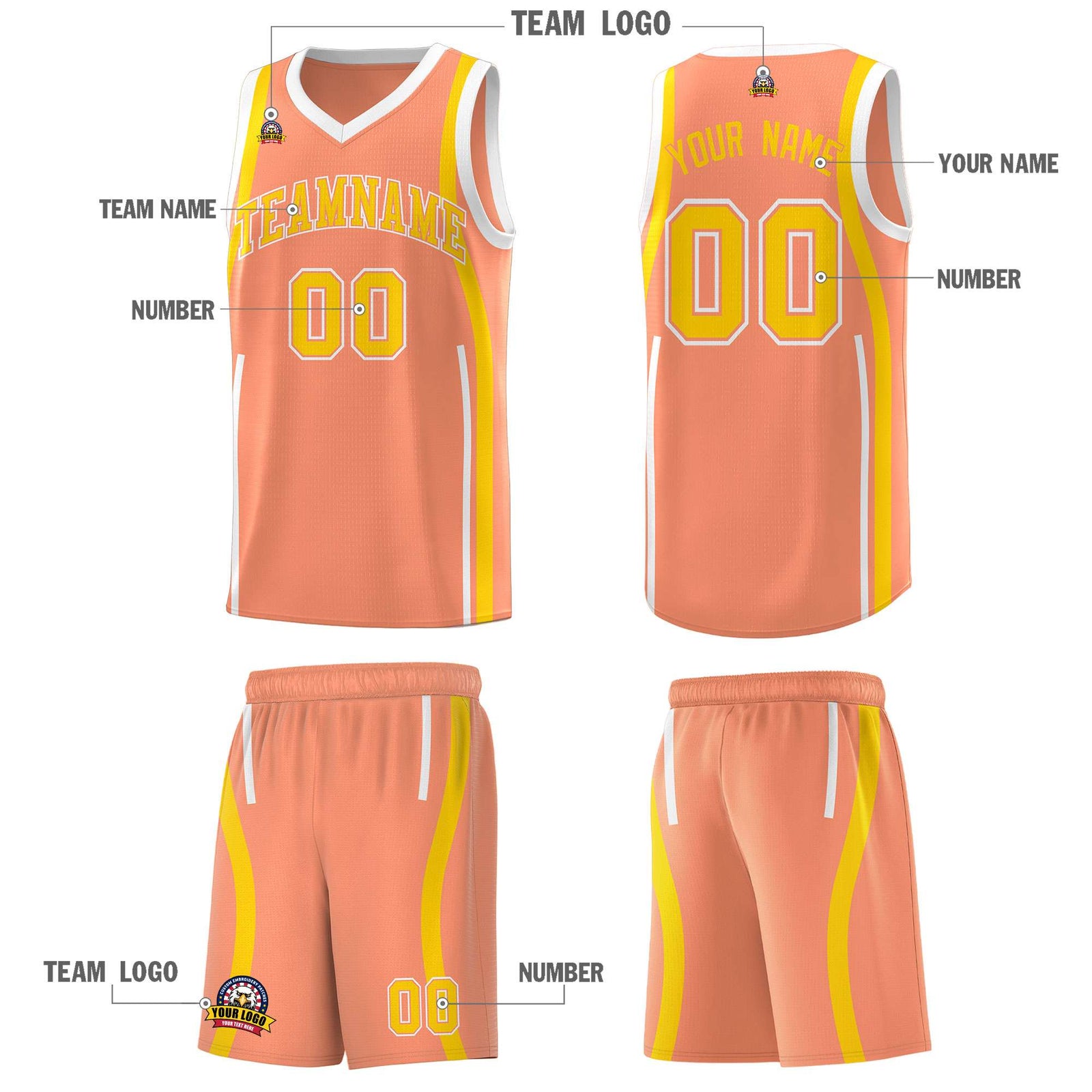 Custom Light Orange Gold-White Ribbon Pattern Basketball Kits