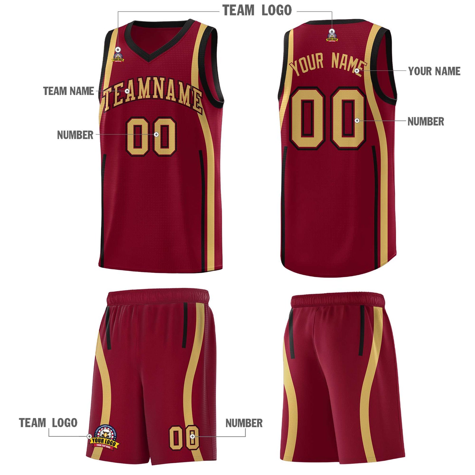 Custom Crimson Old Gold-Black Ribbon Pattern Basketball Kits
