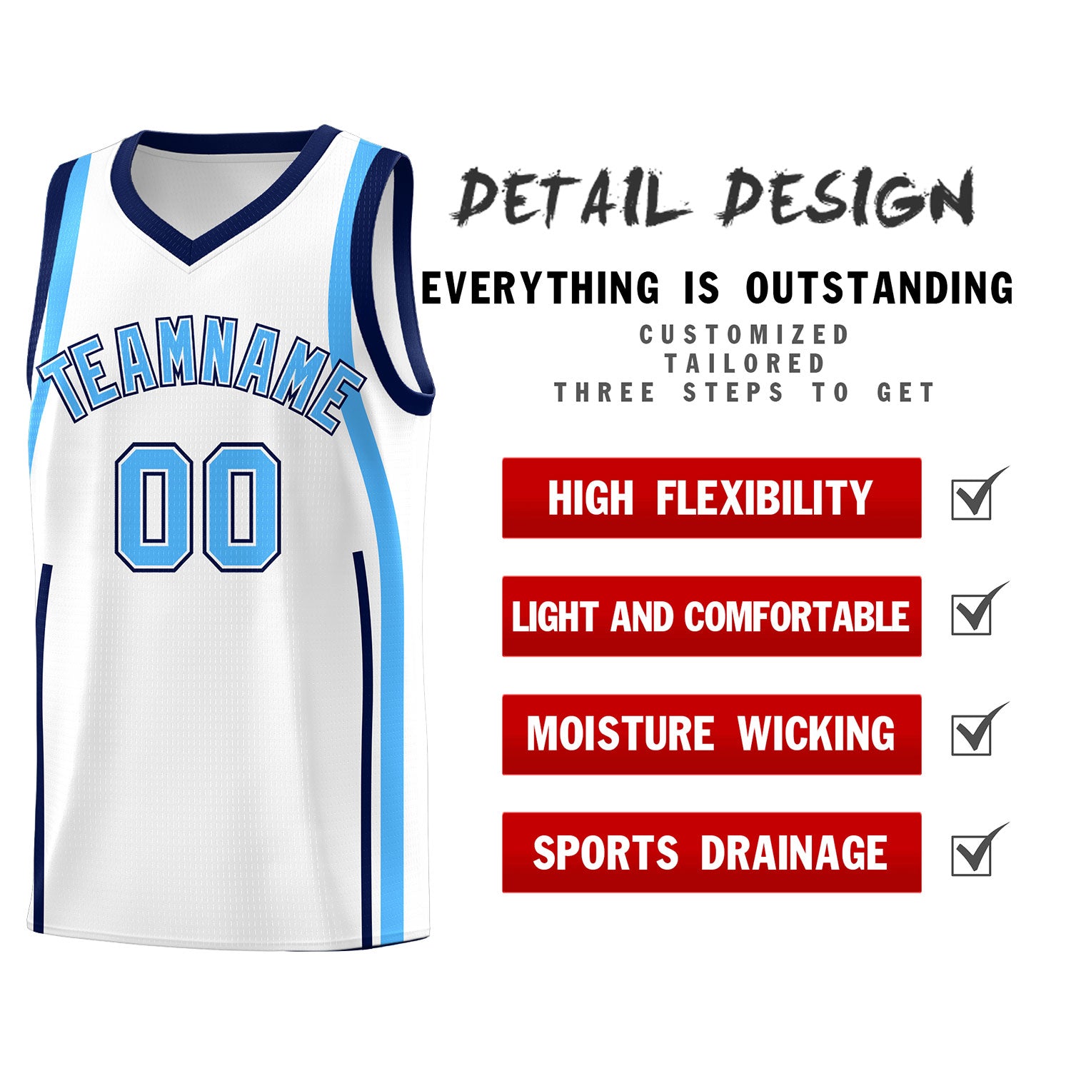 Custom White Powder Blue-Navy Ribbon Pattern Basketball Kits