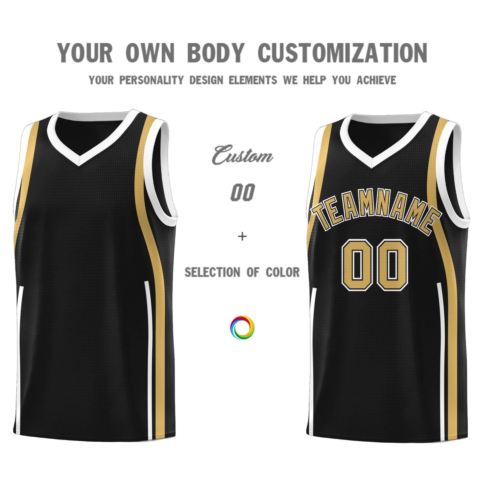 Custom Black Old Gold-White Ribbon Pattern Basketball Kits