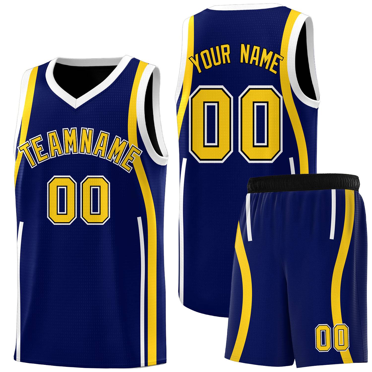 Custom Navy Gold-White Ribbon Pattern Basketball Kits