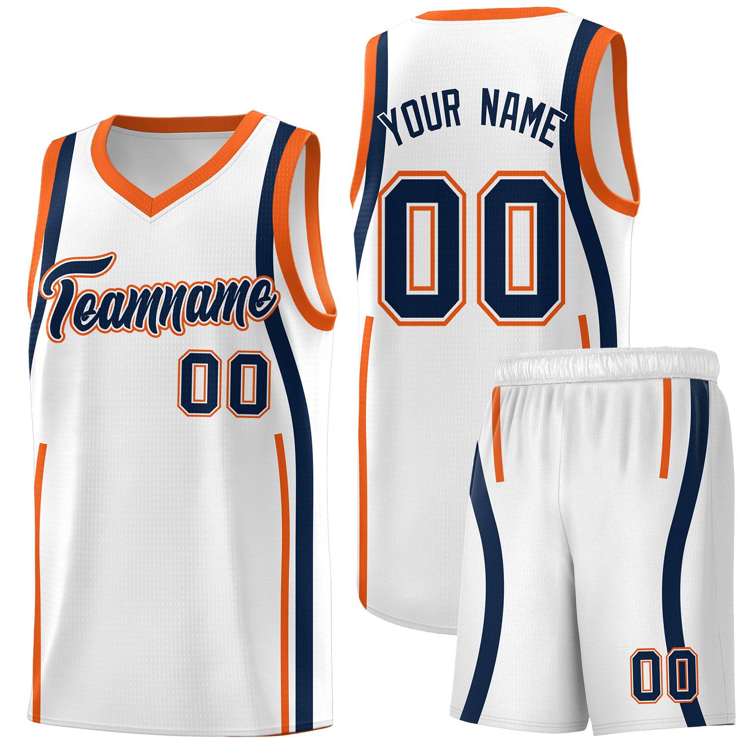 Custom White Navy-Orange Ribbon Pattern Basketball Kits