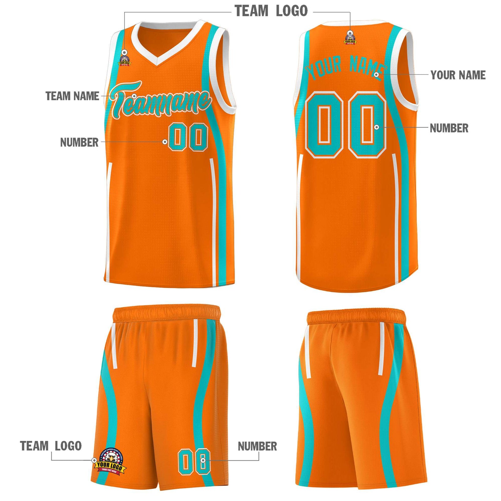 Custom Orange Aqua-White Ribbon Pattern Basketball Kits