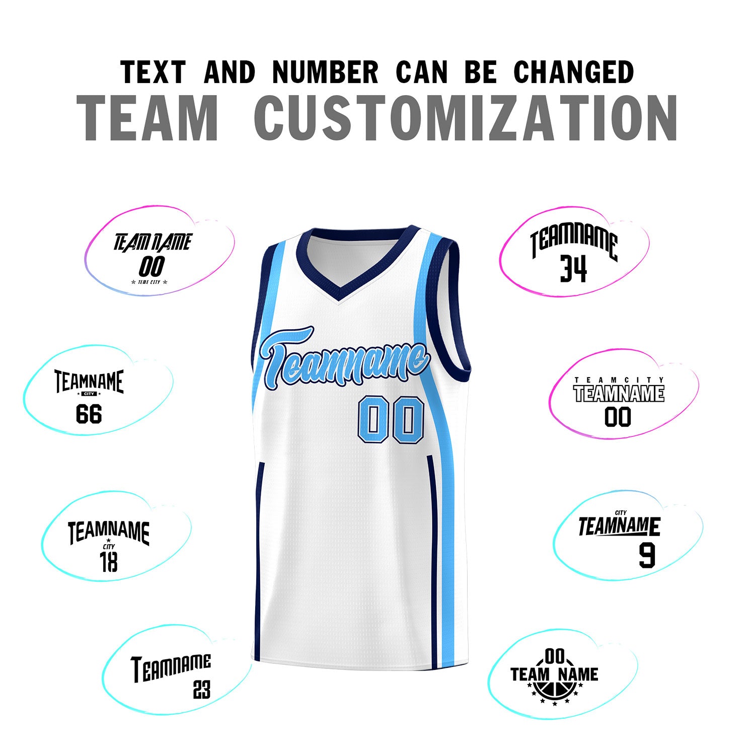 Custom White Powder Blue-Navy Ribbon Pattern Basketball Kits