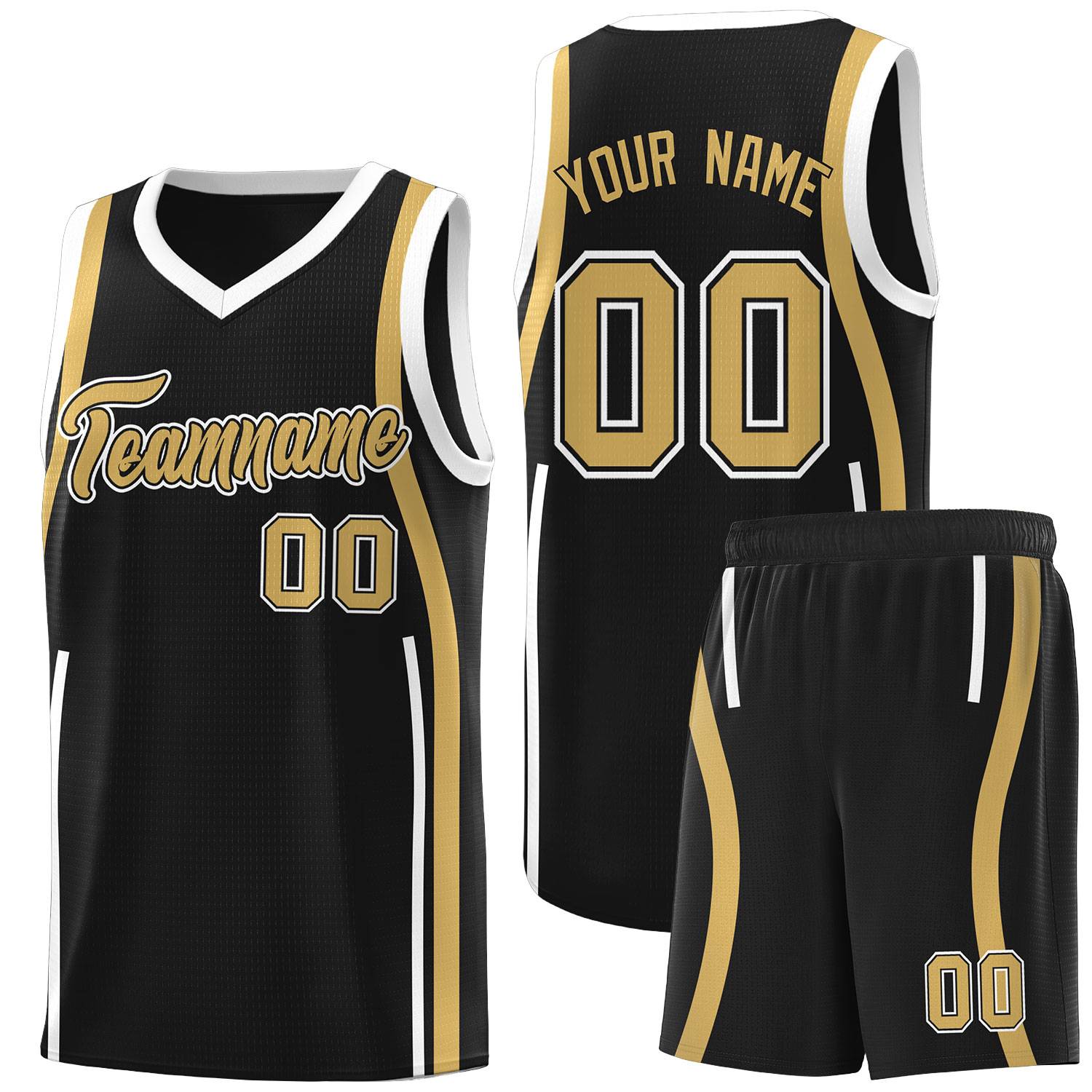 Custom Black Old Gold-White Ribbon Pattern Basketball Kits