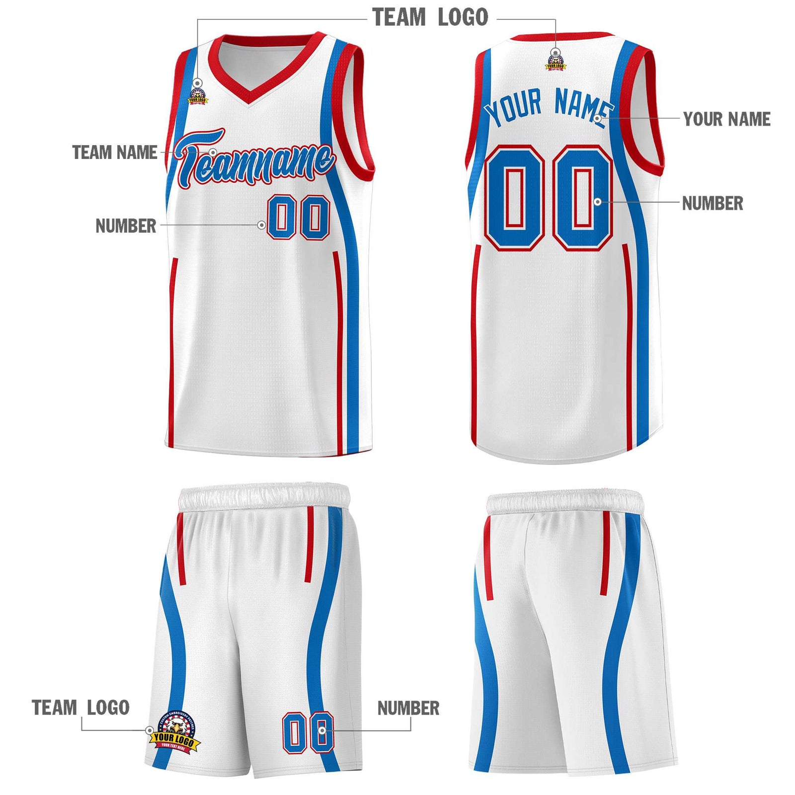 Custom White Royal-Red Ribbon Pattern Basketball Kits