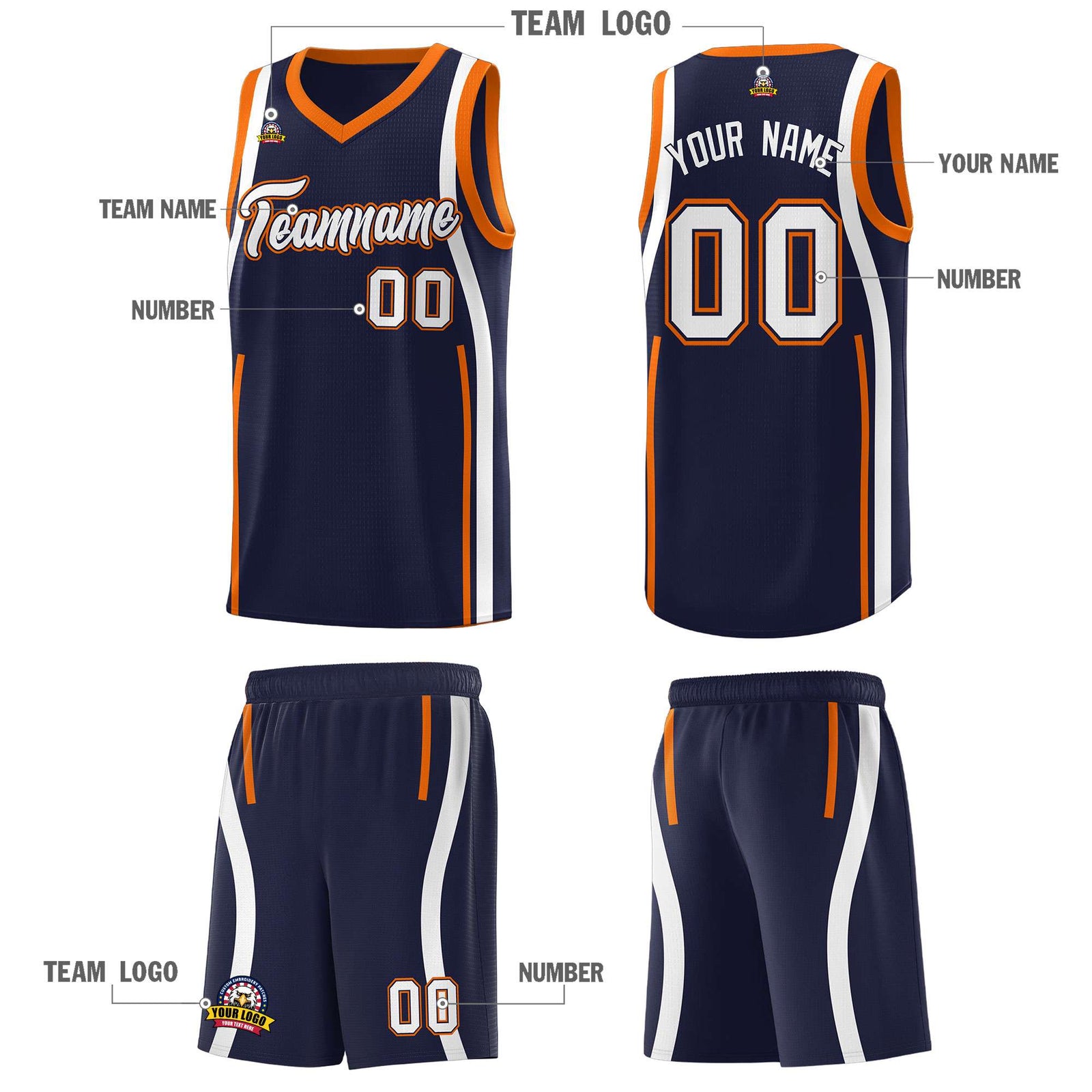 Custom Navy Orange-White Ribbon Pattern Basketball Kits